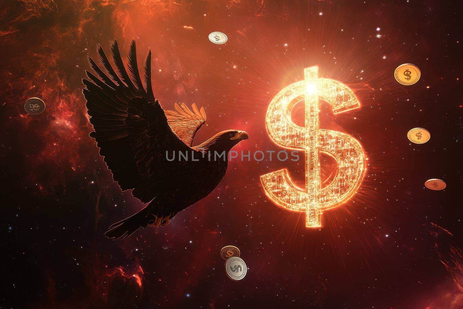 A stunning eagle soars through a fantasy universe, framed by a glowing dollar sign and floating coins, symbolizing wealth and freedom.