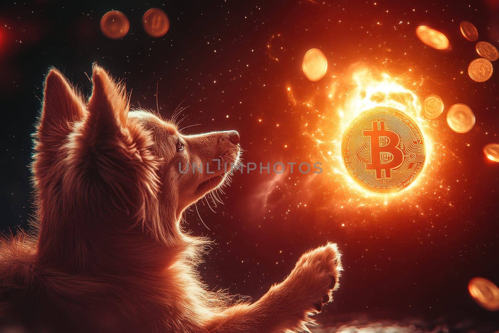 A whimsical scene featuring a dog mesmerized by a radiant Bitcoin coin amidst fiery sparks, blending finance and fantasy in a captivating visual narrative.
