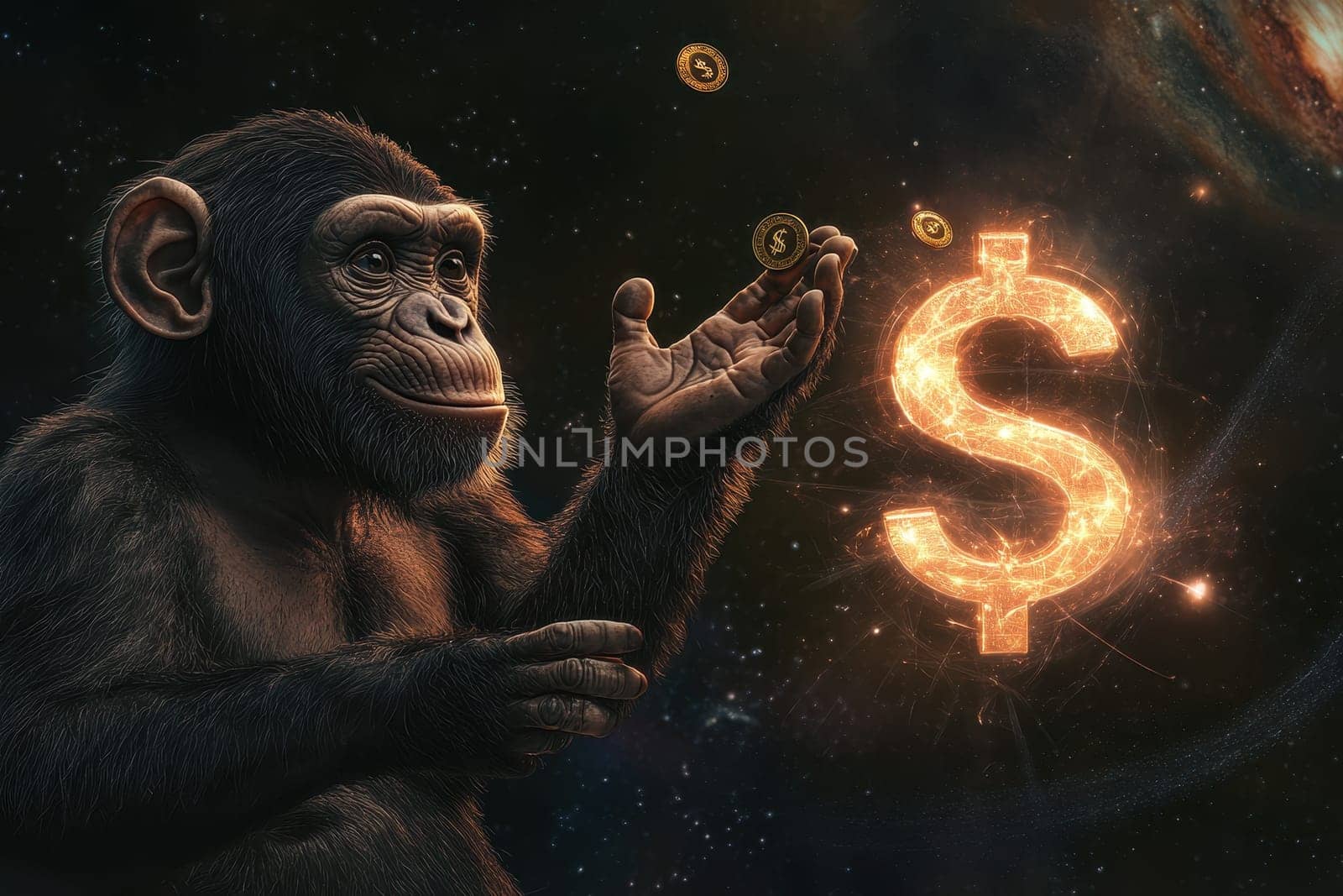 A whimsical illustration featuring a monkey playfully interacting with floating gold coins, set against a glowing dollar symbol in a cosmic background.