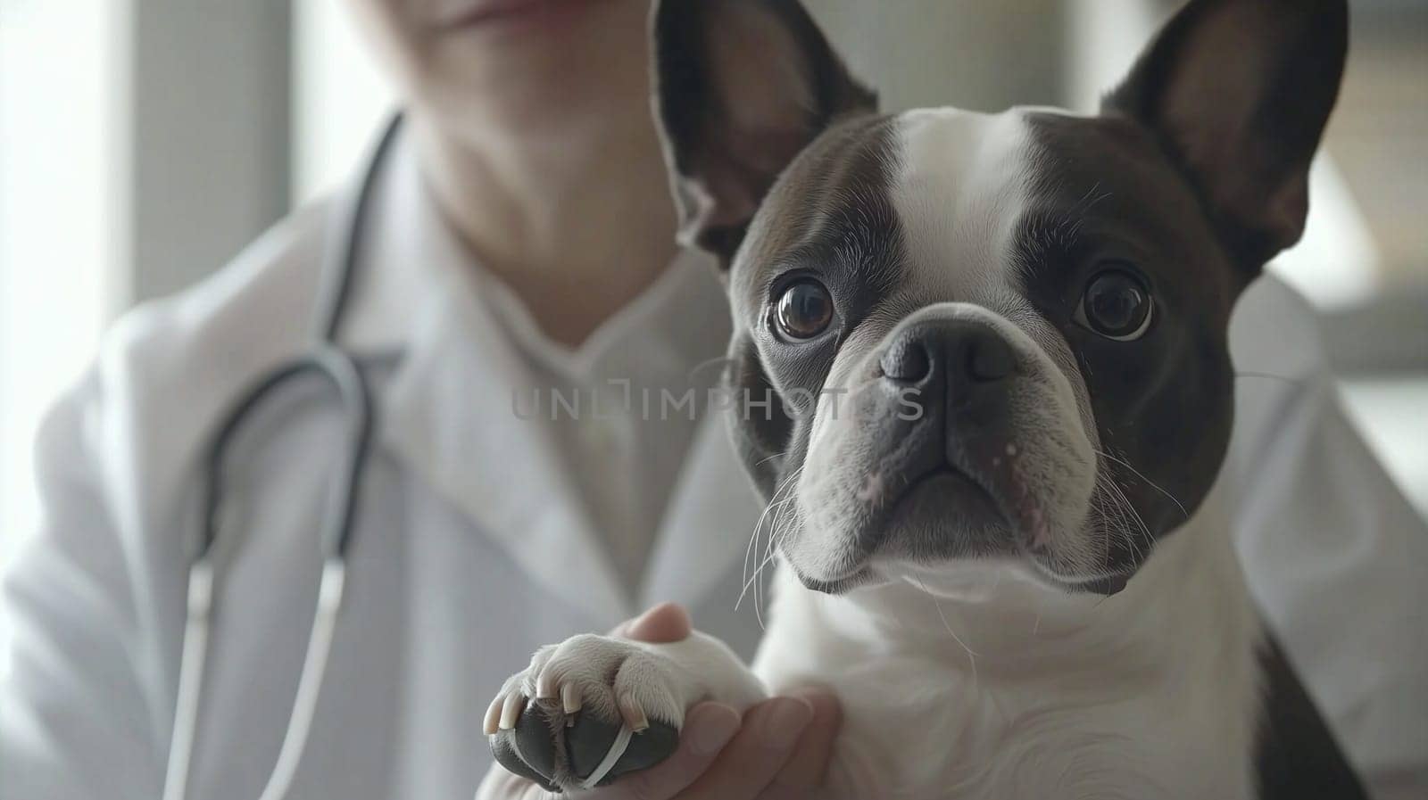 Close-up of a boston terrier puppy being examined by a veterinarian, showcasing the importance of pet healthcare