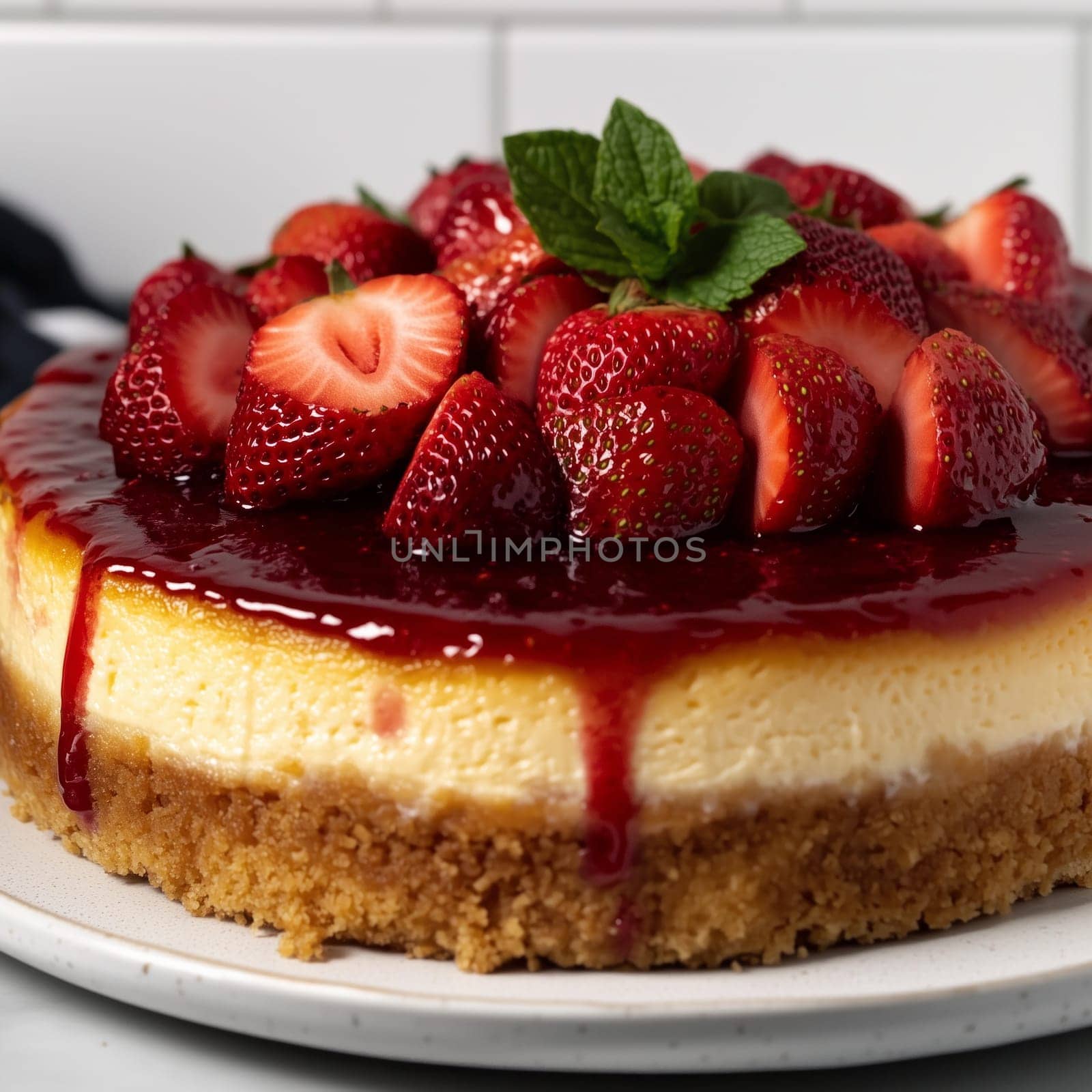 Creamy new york style cheesecake topped with fresh strawberries, strawberry glaze, and mint