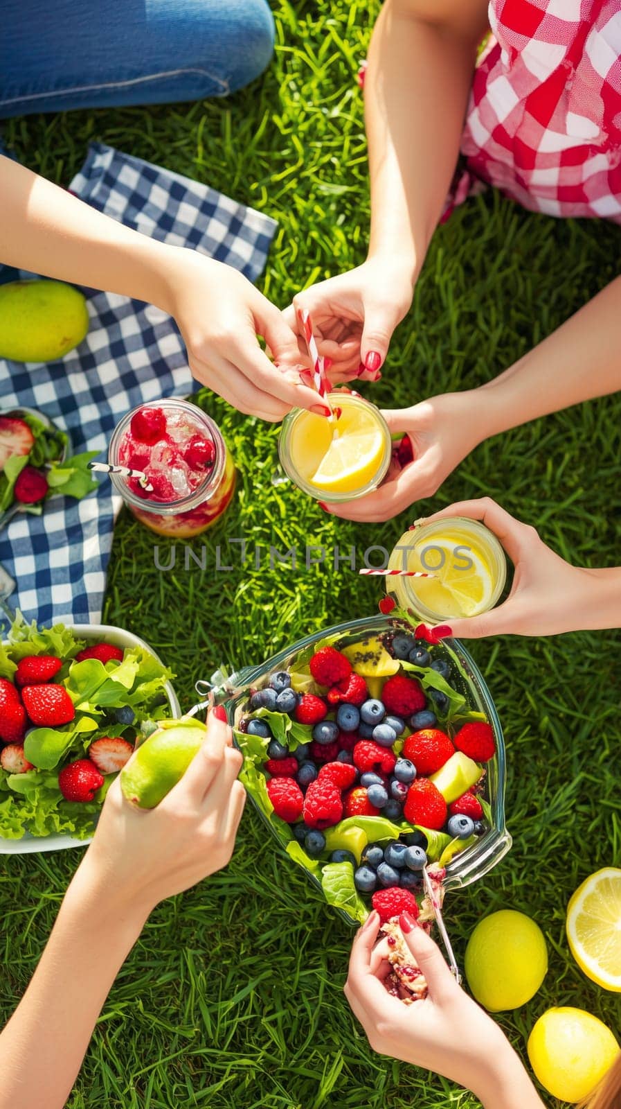 Women having picnic with lemonade, berries, salad and fruit on green grass in summer