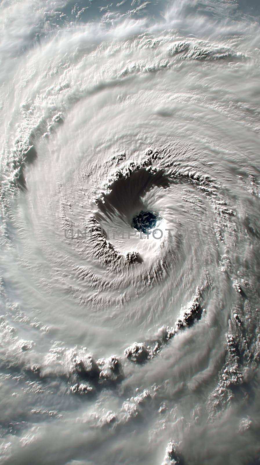 Swirling white clouds form the eye of a hurricane over a dark ocean, creating a dramatic scene of natural power