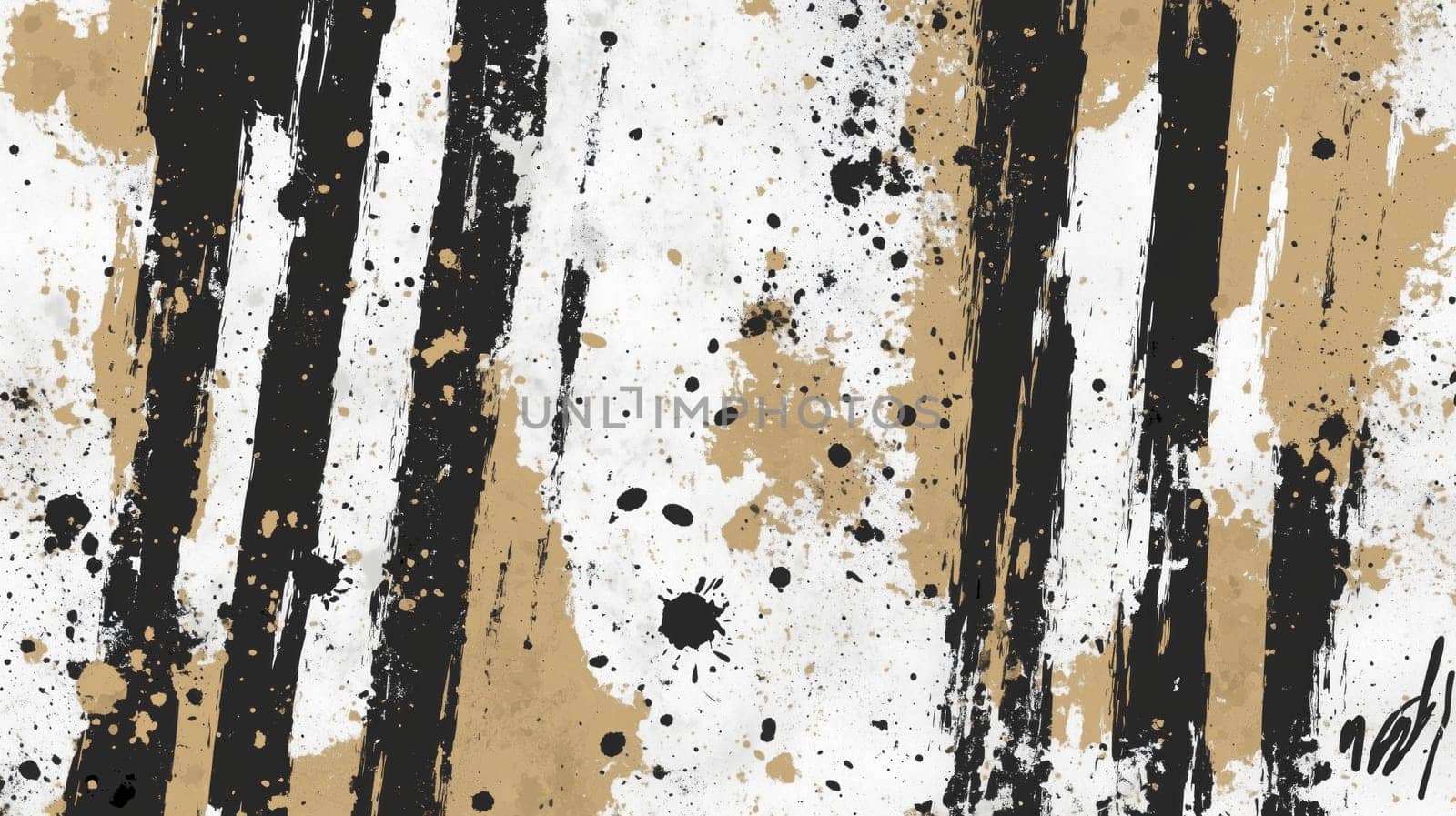 Wide brushstrokes of black and gold paint dynamically splash across a white and beige canvas, forming an abstract expressionist artwork