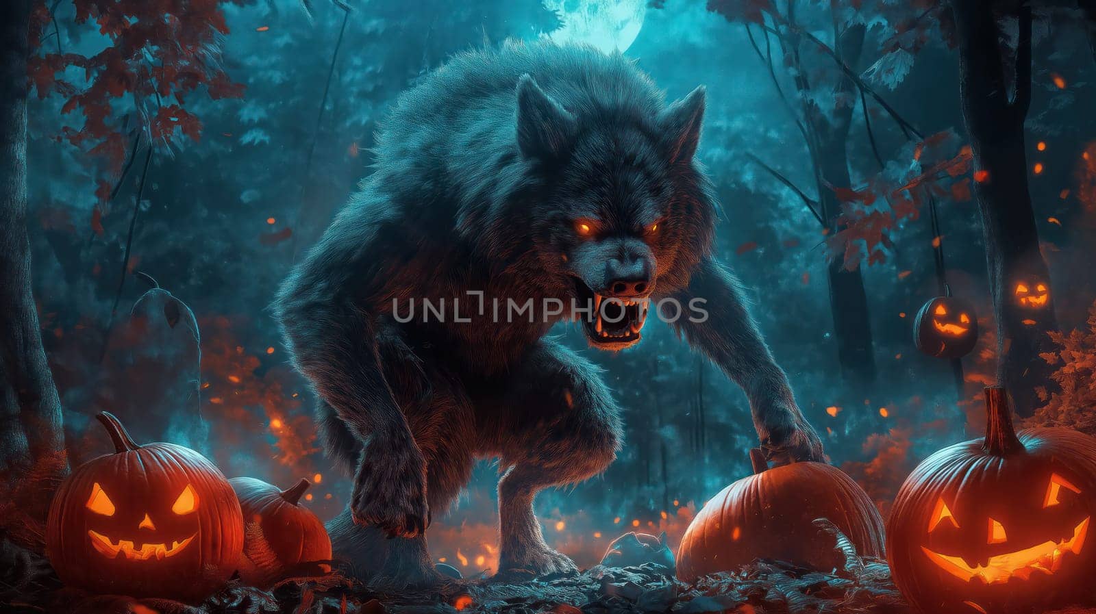 Werewolf and glowing Halloween pumpkins in the night moonlight forest
