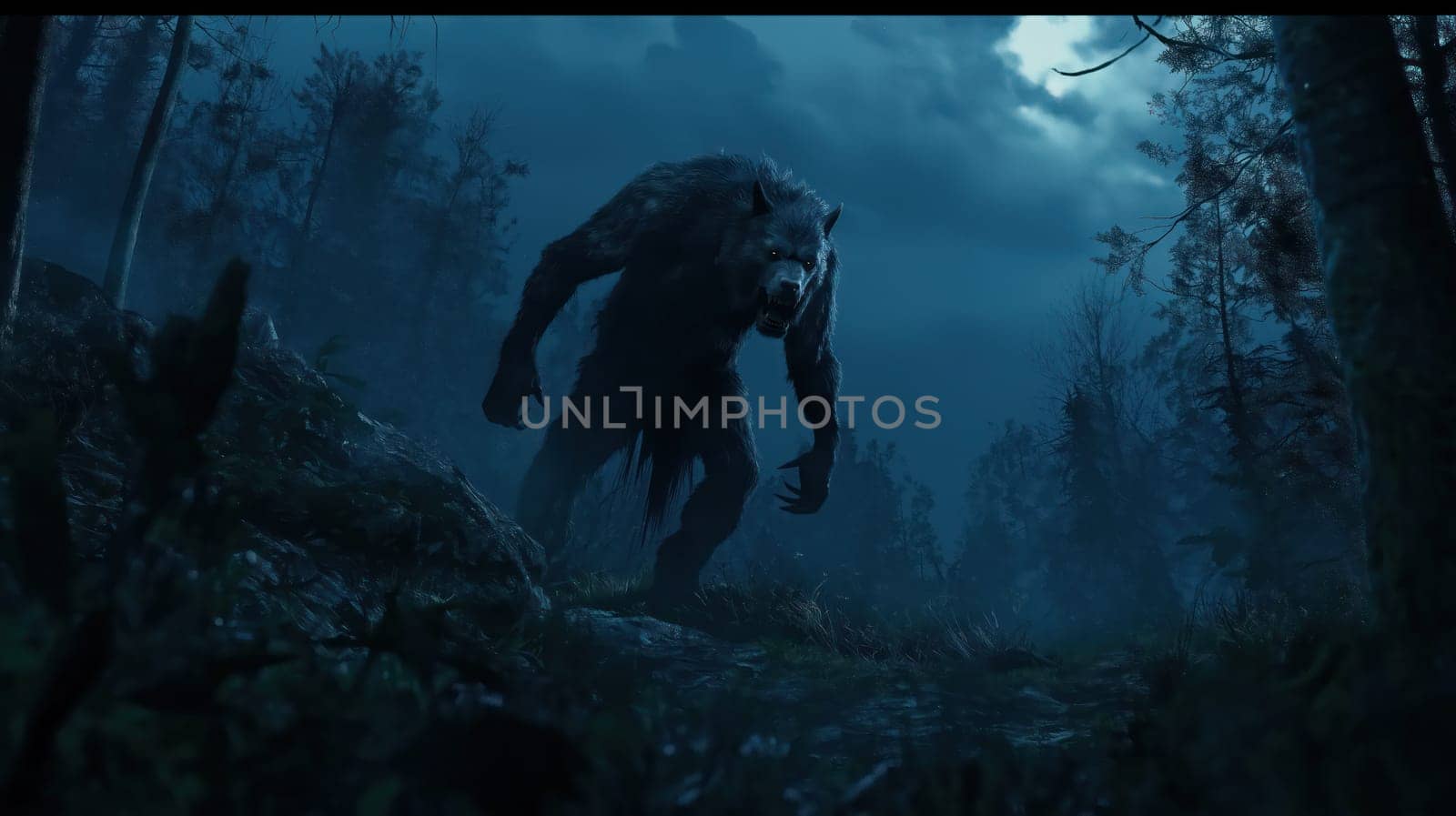 A scary werewolf in the night forest on a full moon