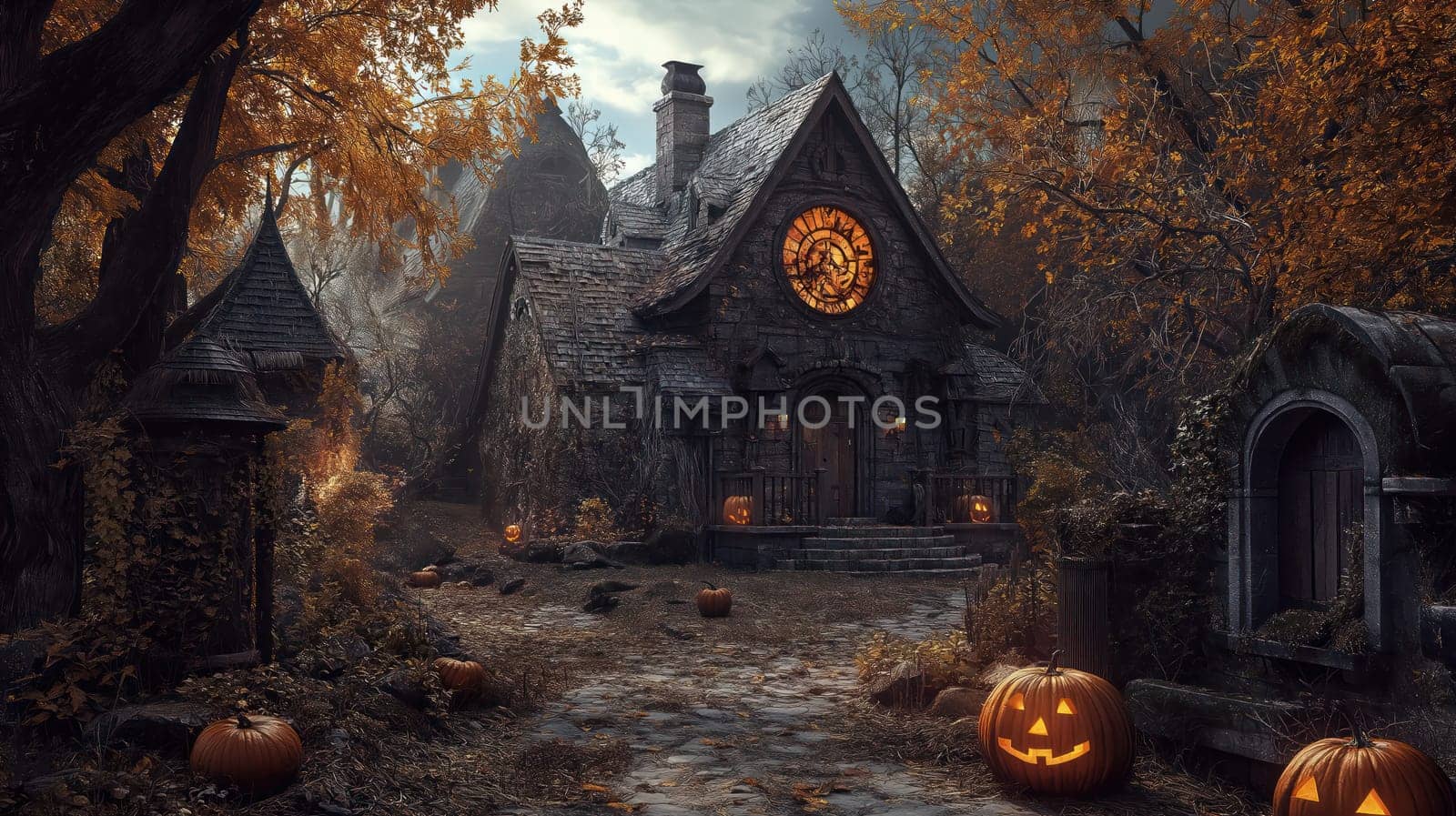 Ancient mystical autumn village with glowing Halloween pumpkins