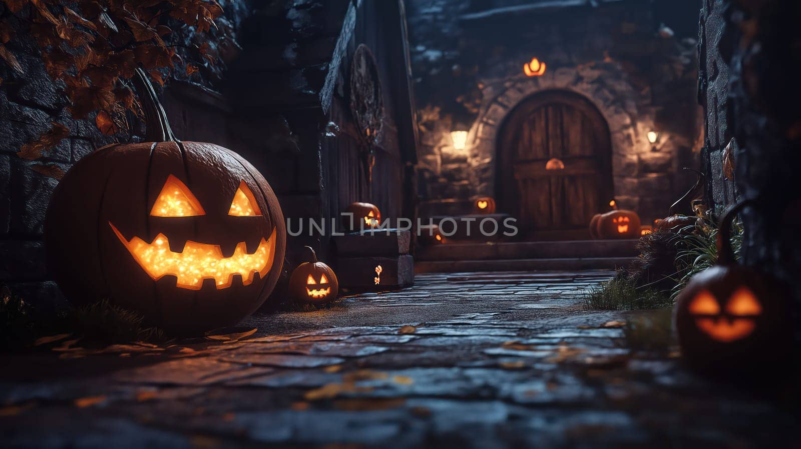 Ancient mystical autumn village with glowing Halloween pumpkins