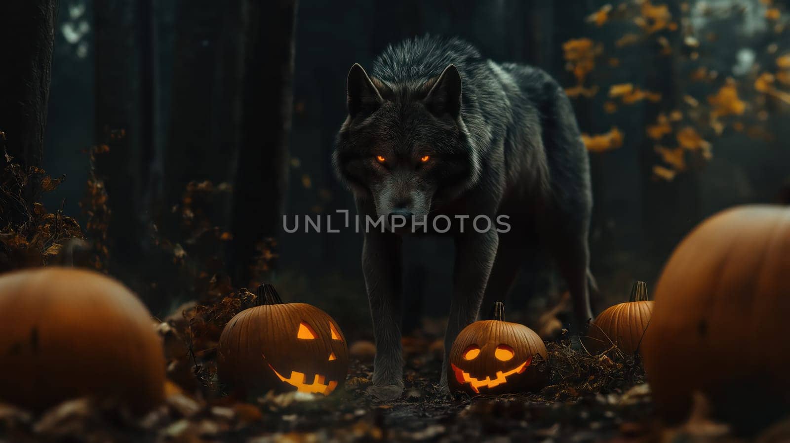 Wolf and glowing Halloween pumpkins in the night autumn forest
