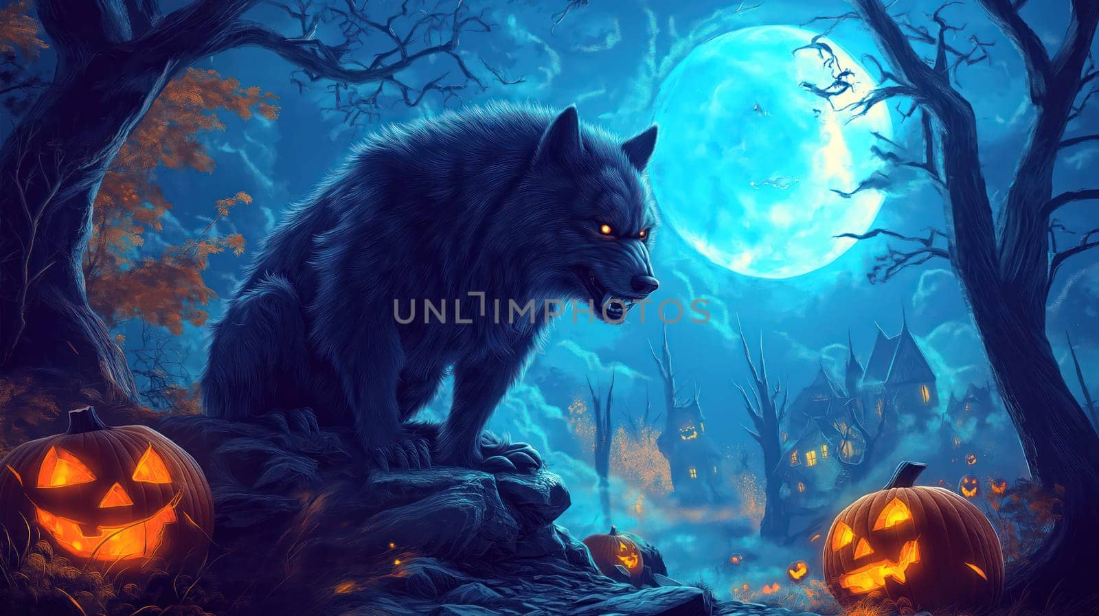 Wolf and glowing Halloween pumpkins in the night moonlight forest