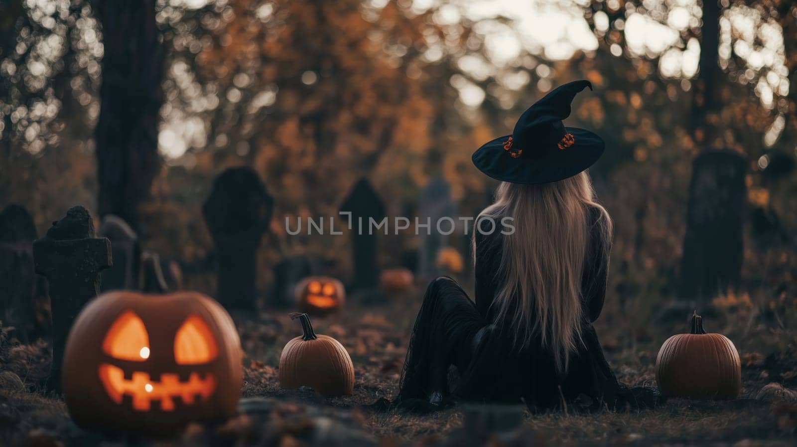 A girl in a hat sits in a cemetery on Halloween with jack-o-lantern pumpkins