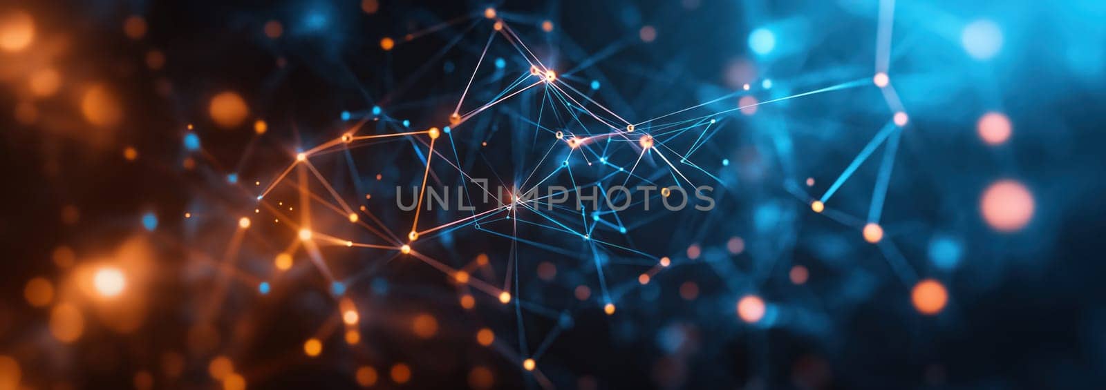 Neural network artificial intelligence tech low poly abstract background. Plexus neon glowing banner design