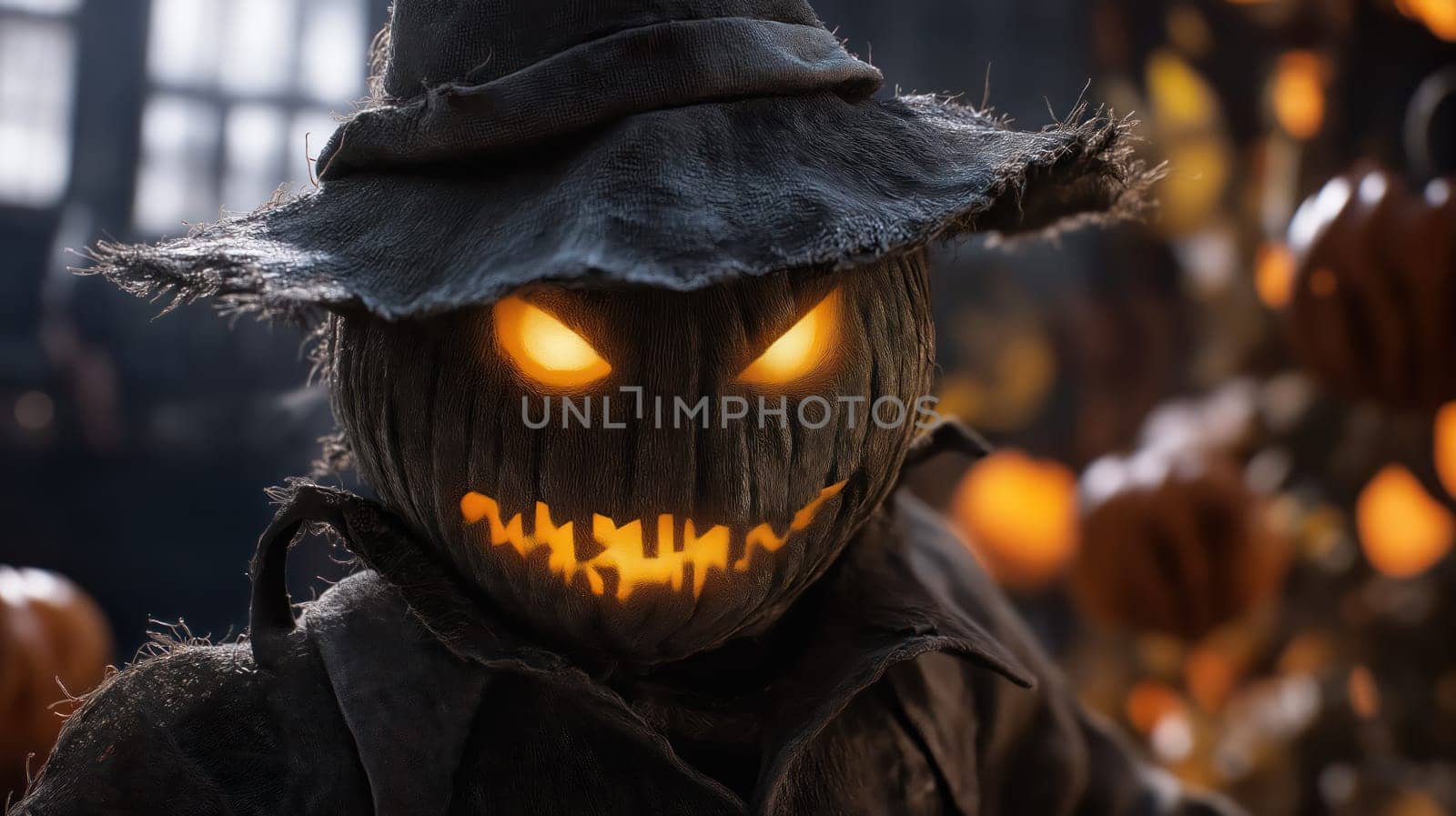 A scarecrow monster with a scary smile and burning eyes with Halloween pumpkins