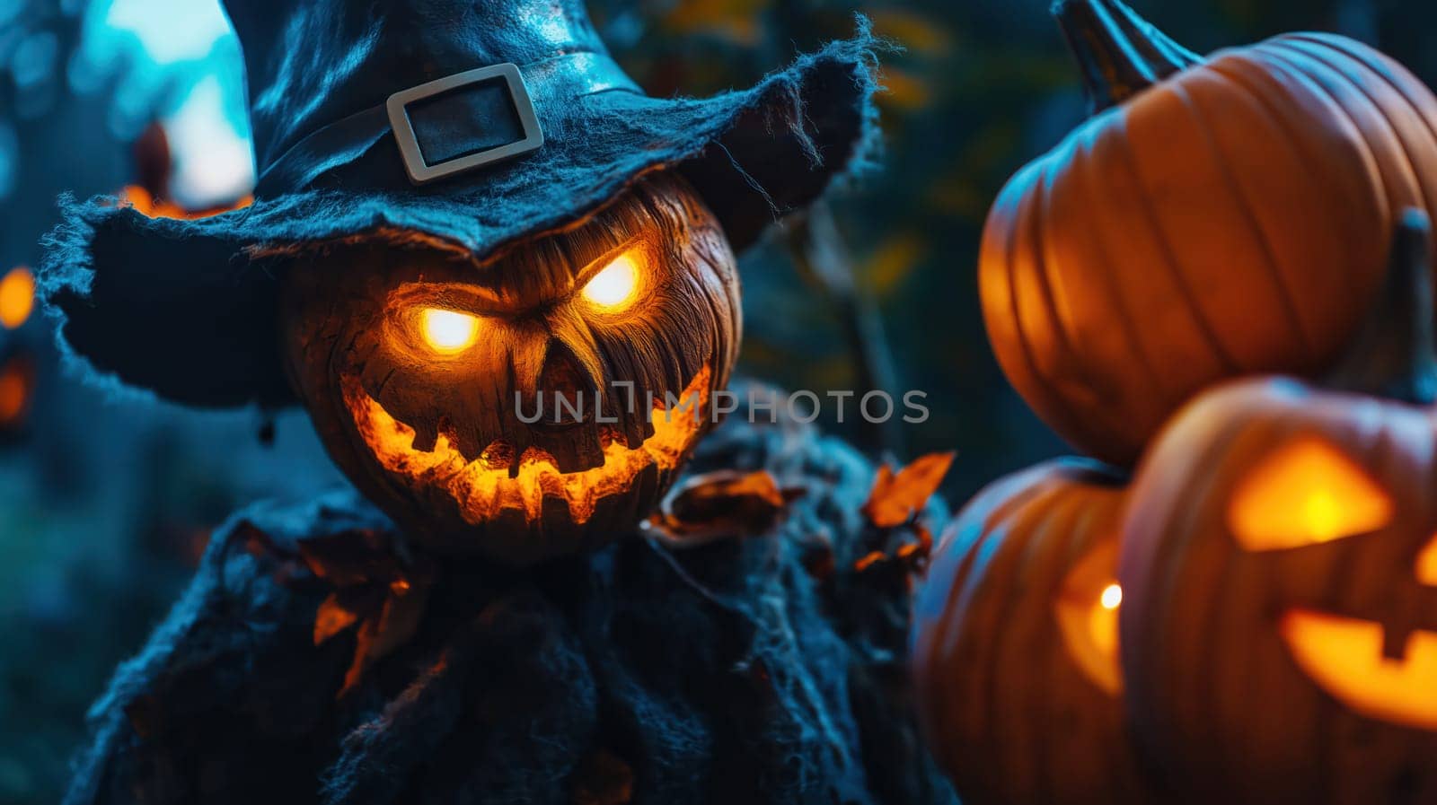A scarecrow monster with a scary smile and burning eyes with Halloween pumpkins