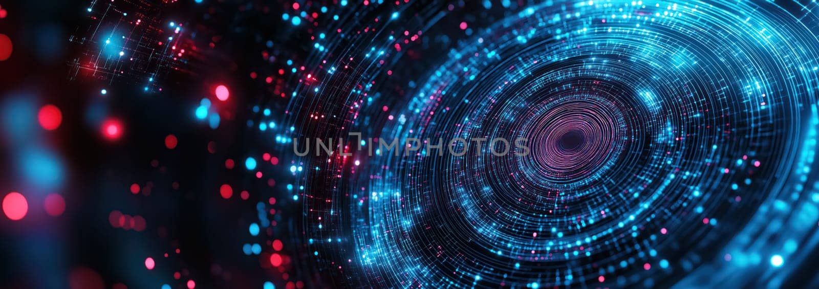 Blue purple neon spiral glowing circles abstract tech futuristic background