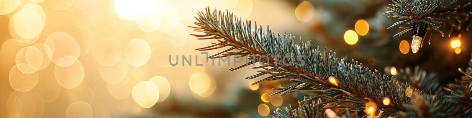 Christmas tree branch with glowing garland on shiny bokeh blurred background