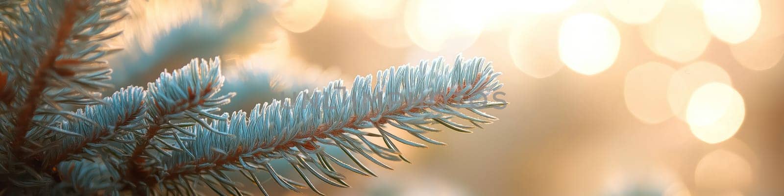 Christmas tree branch on shiny bokeh blurred background