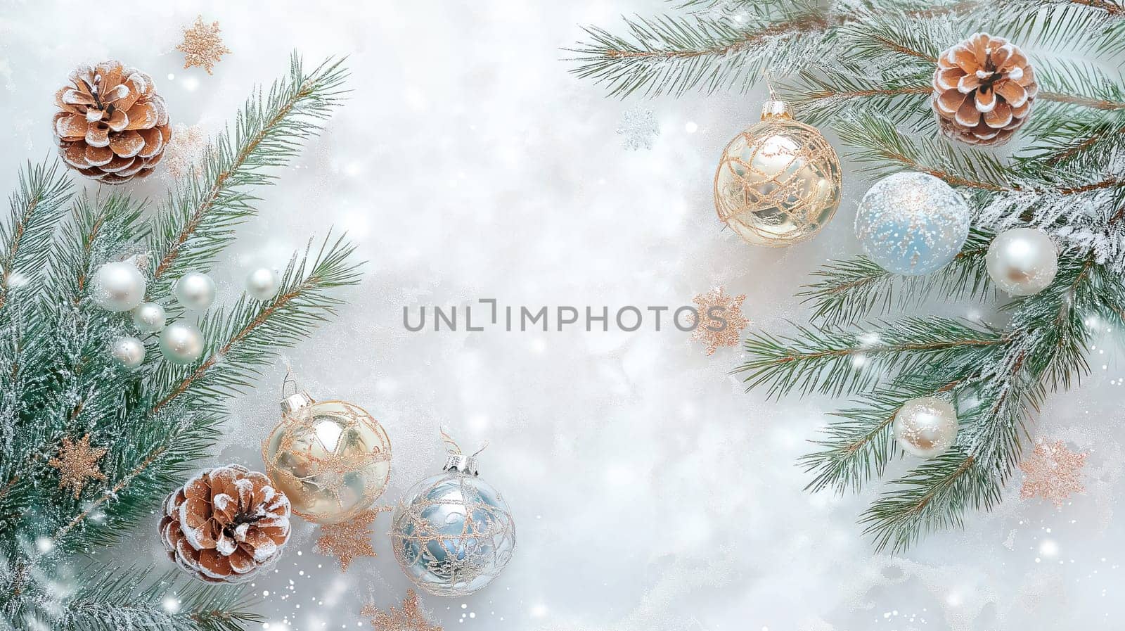 Christmas tree branches and decorations on a white background