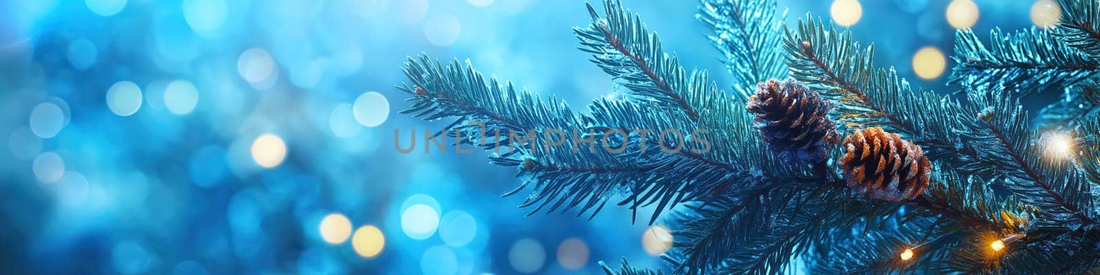 Christmas tree branch with glowing garland on shiny bokeh blurred background