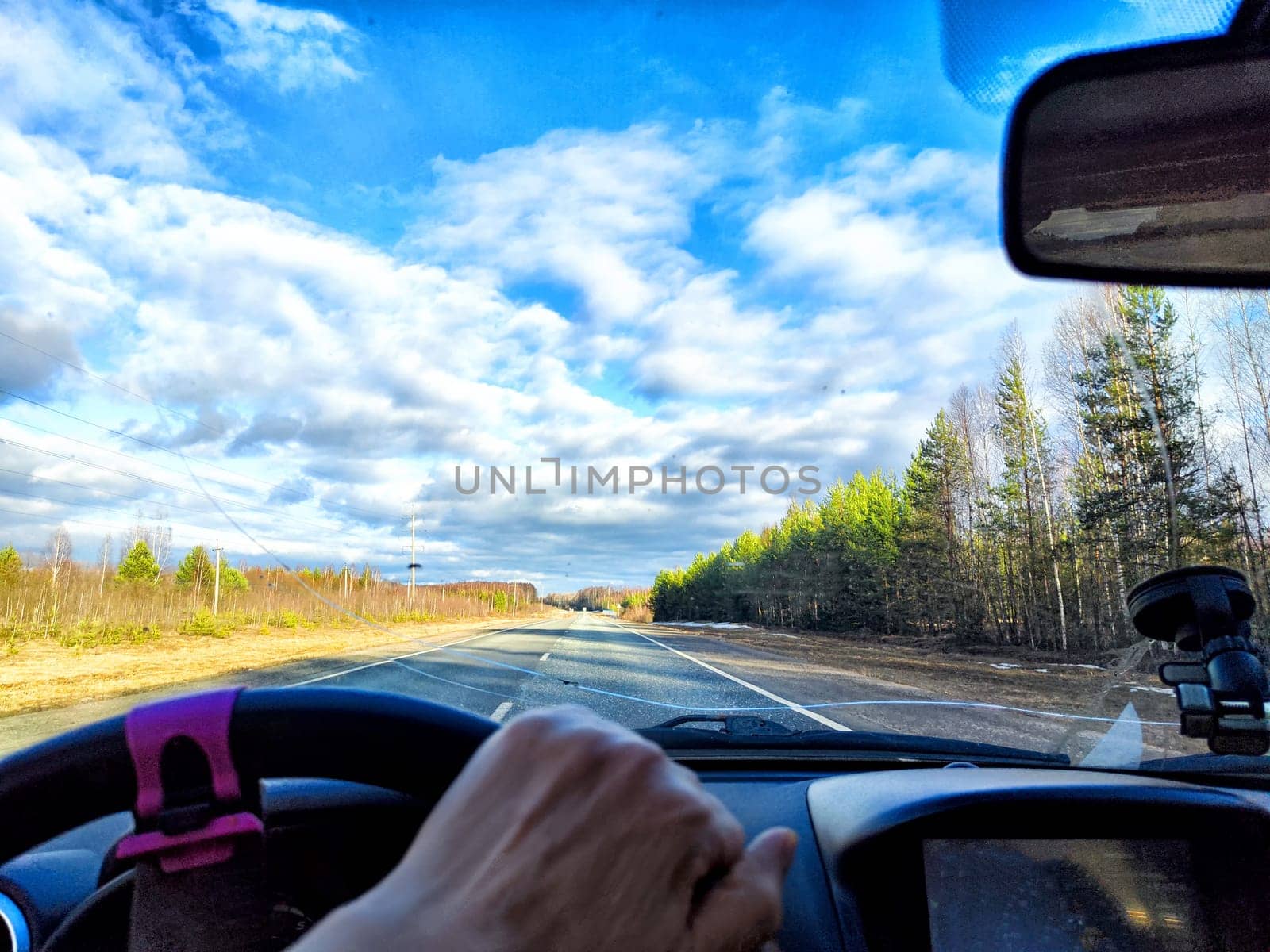 View through a damaged windshield shows a driver navigating a highway surrounded by trees, highlighting the risks of poor visibility while driving.