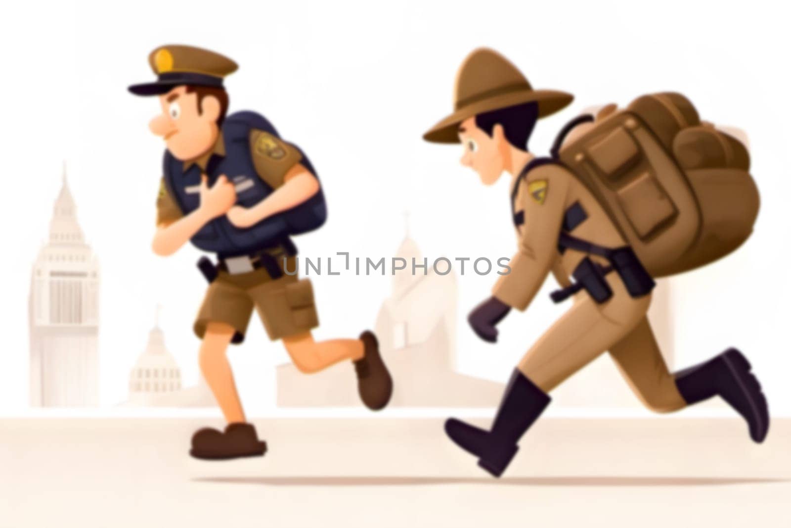 Police and military officers engage in training and mobilization exercise in city setting. blur, blurred