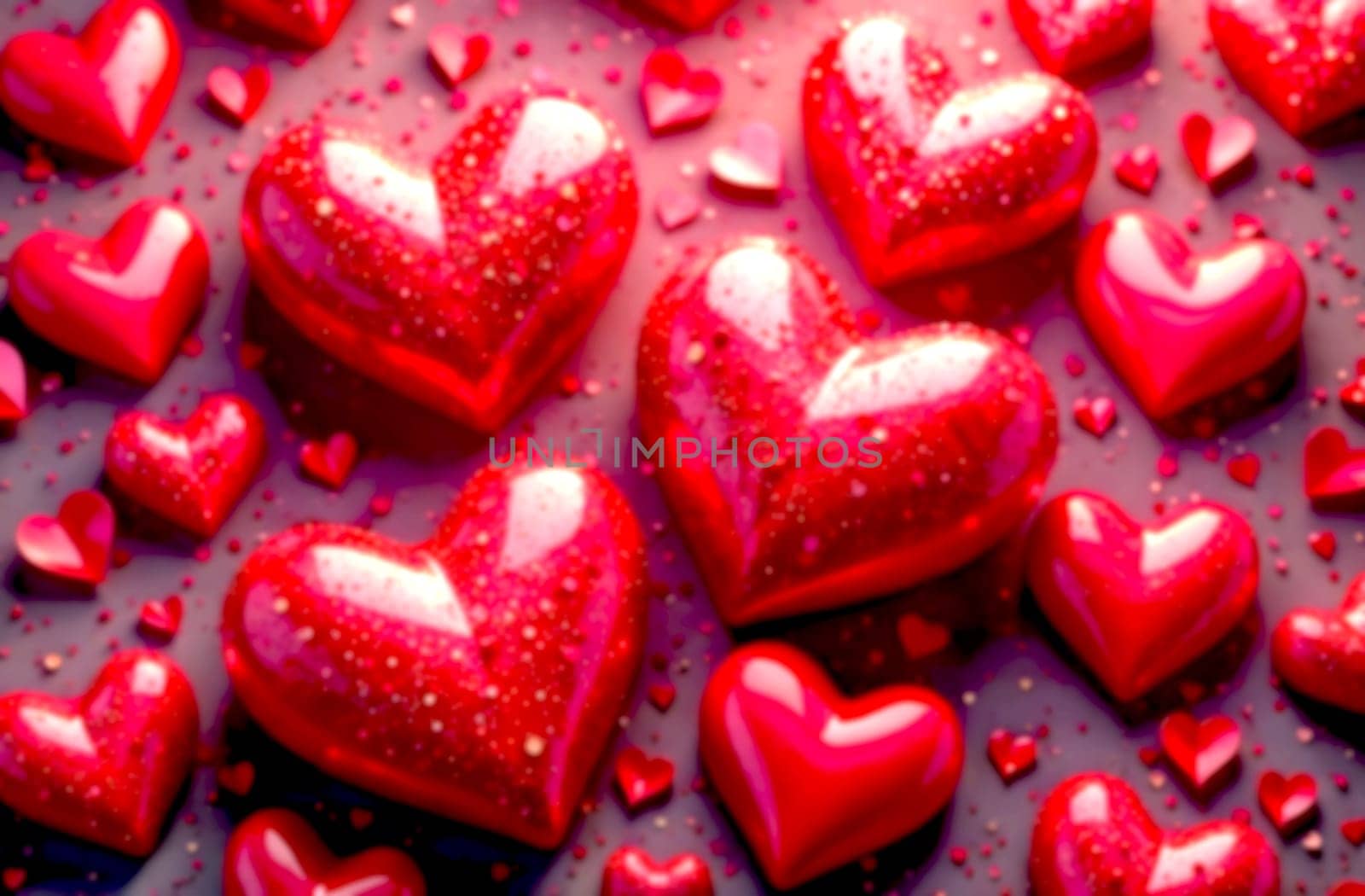 Festive heart-shaped items scattered on a dark surface, creating a romantic atmosphere for Valentine's Day.. Blurred picture