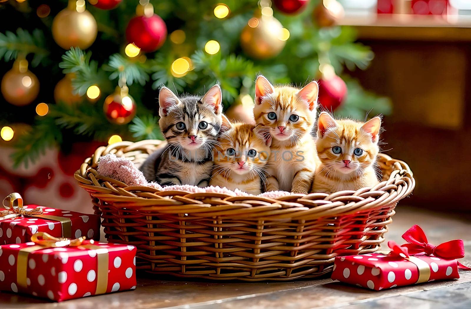 Five playful kittens sit together in a woven basket while colorful Christmas decorations and gifts enhance the cheerful atmosphere.