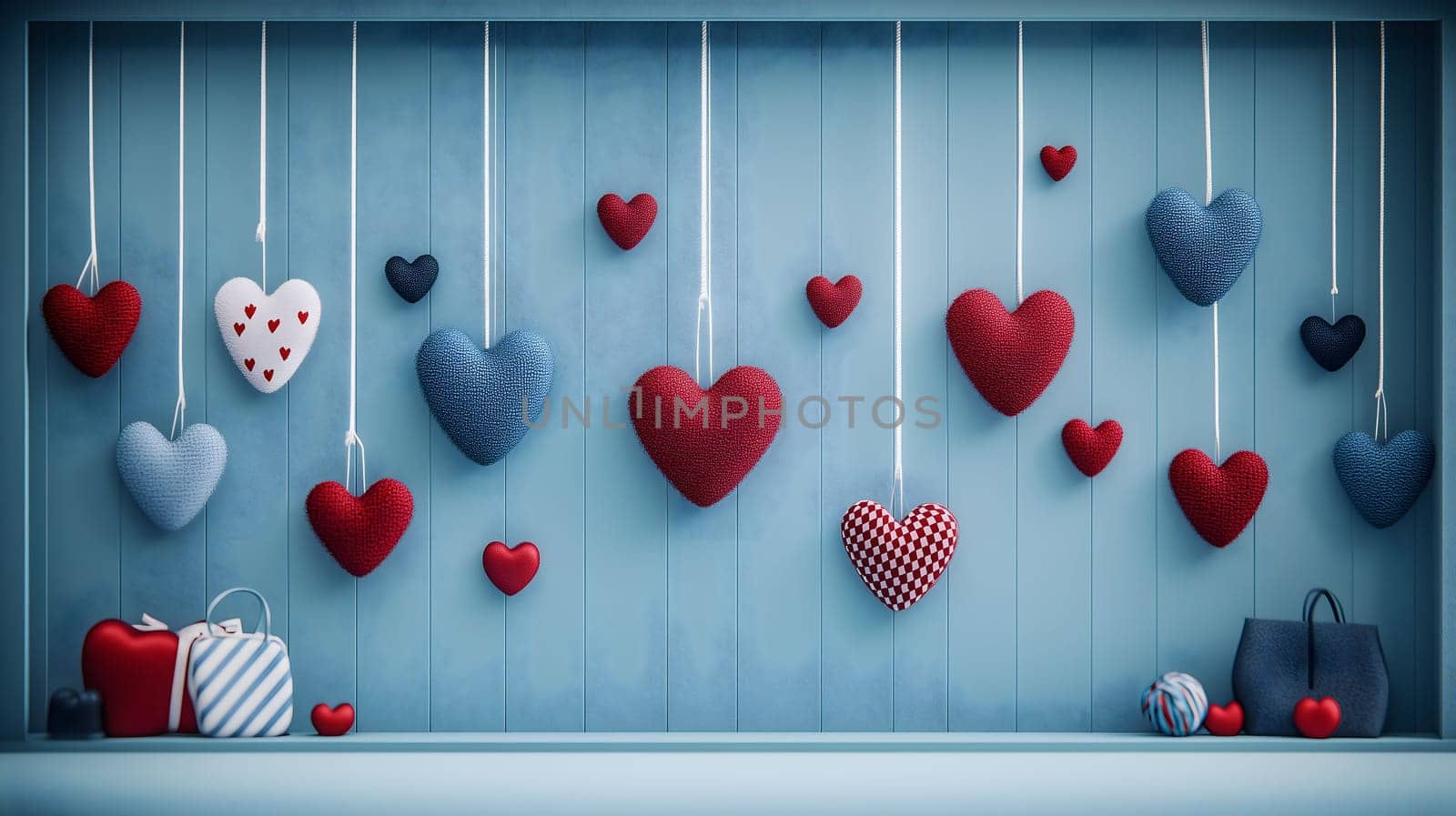 Beautiful fabric hearts hanging on a blue wooden background, accompanied by wrapped gift boxes. A charming and festive decoration perfect for Valentine's Day and love celebrations