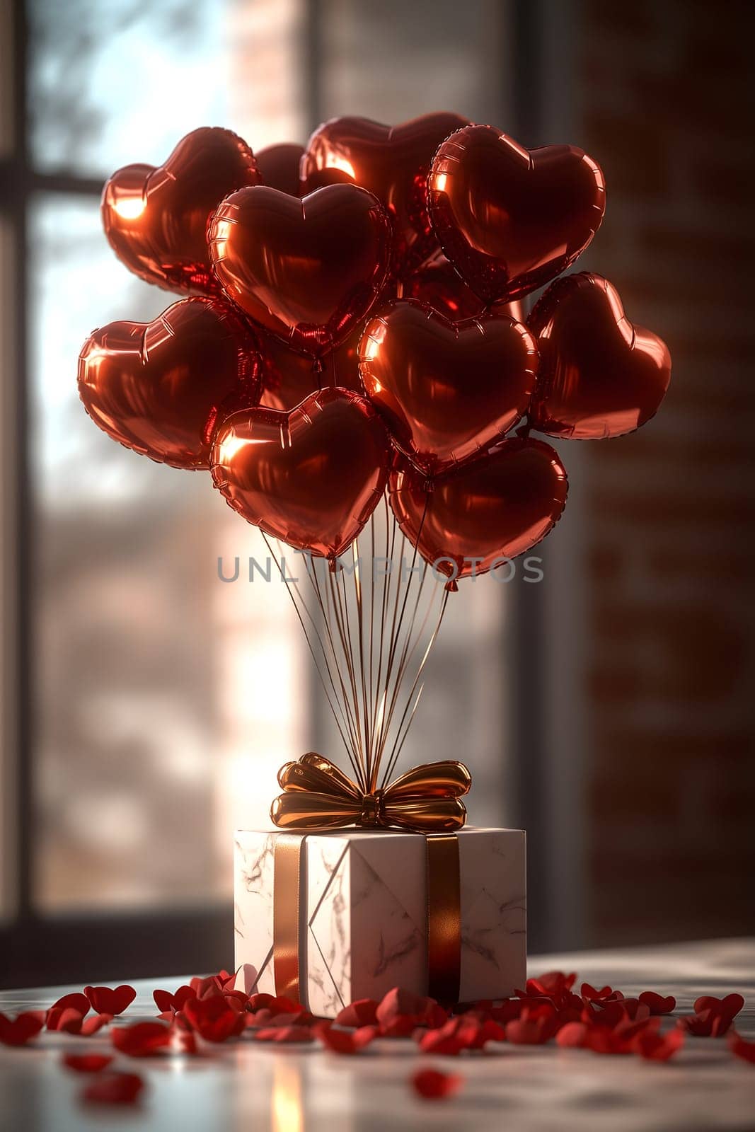 Luxurious gift box tied with a golden ribbon, adorned with floating red heart balloons and scattered rose petals. A romantic and festive composition perfect for Valentine's Day and love celebrations