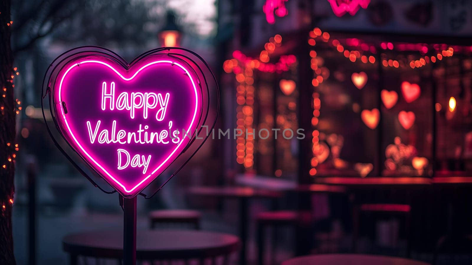 Bright pink neon heart-shaped sign displaying "Happy Valentine's Day" outside a beautifully decorated cafe with warm lights. A charming and festive setting perfect for love and romantic celebrations