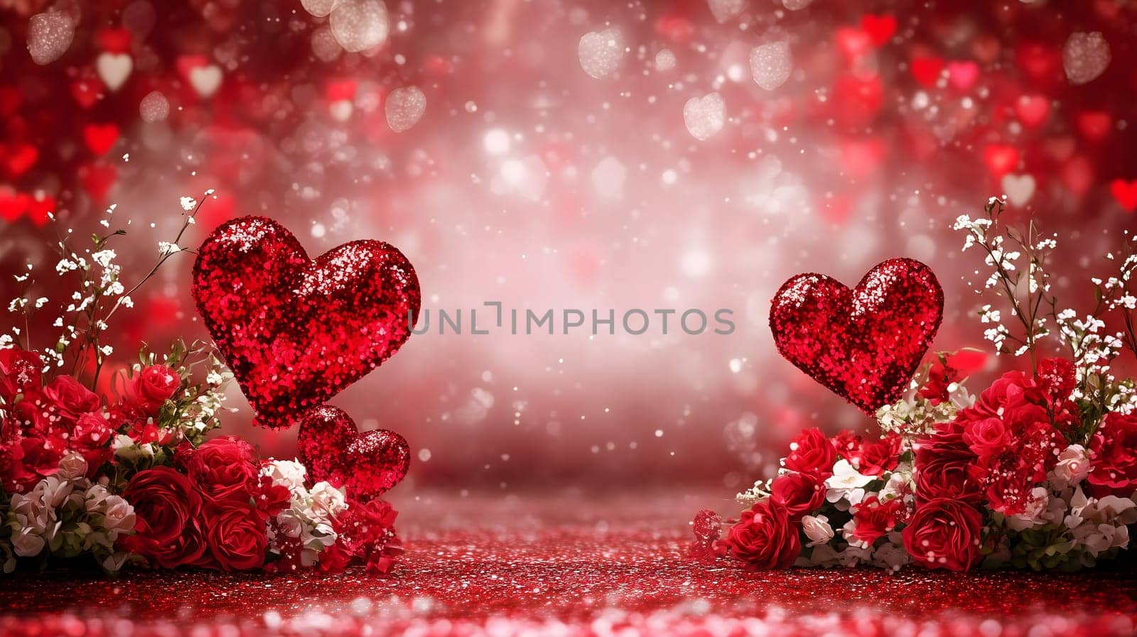 Sparkling red hearts with floral arrangements set against a festive, glowing background. Perfect romantic setting for Valentine's Day celebrations, love, and affection-themed designs.