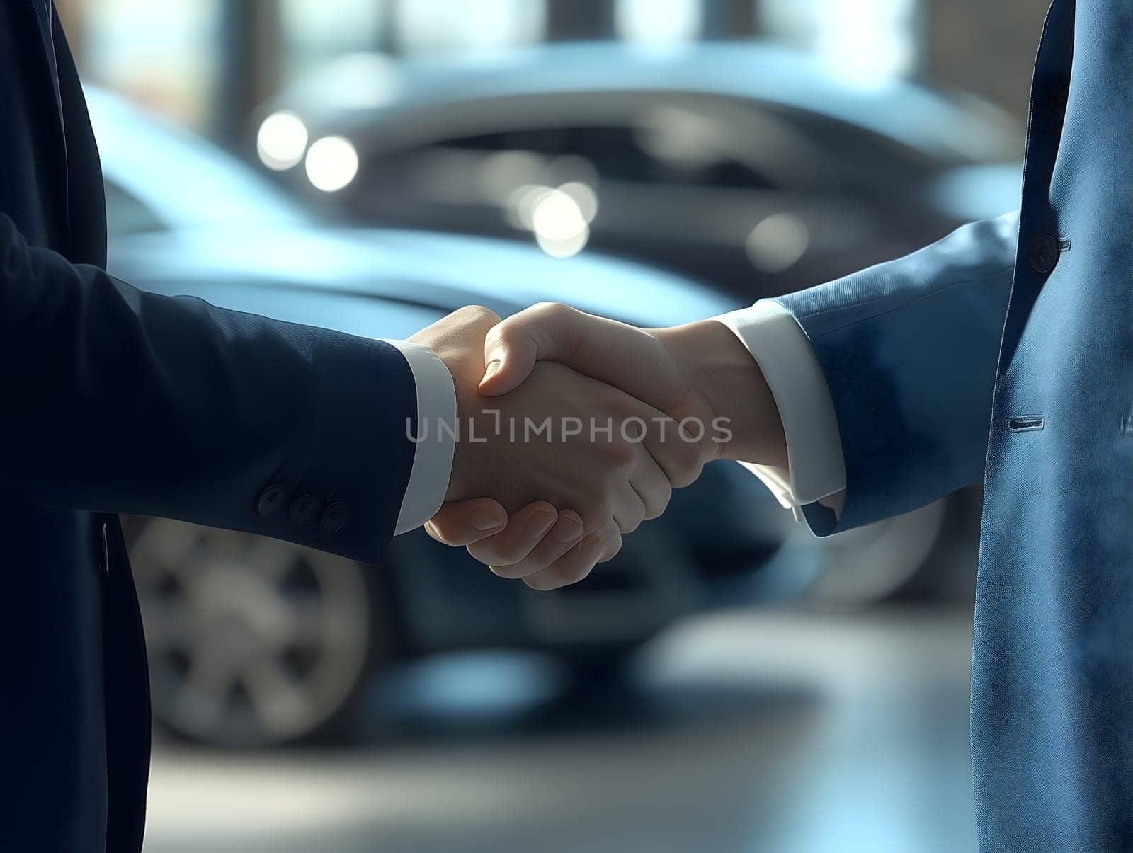 Close-up of two businessmen shaking hands in a car dealership, symbolizing a successful deal or partnership. The blurred background features luxury vehicles, enhancing the corporate and professional theme.