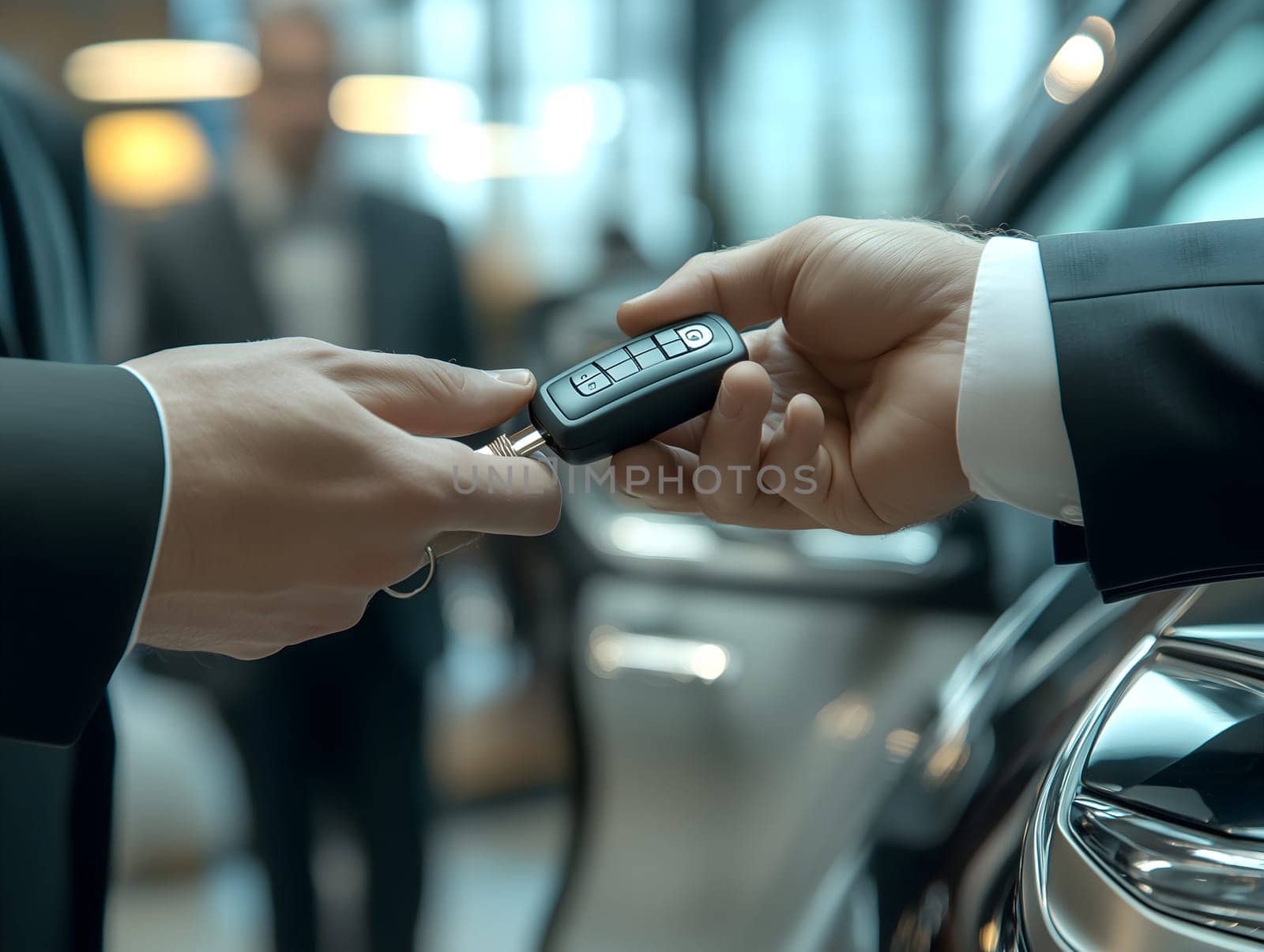 Close-up of a businessman handing over car keys to a customer at a dealership, symbolizing a successful purchase or rental agreement. The blurred background features luxury cars, enhancing the professional and commercial theme.