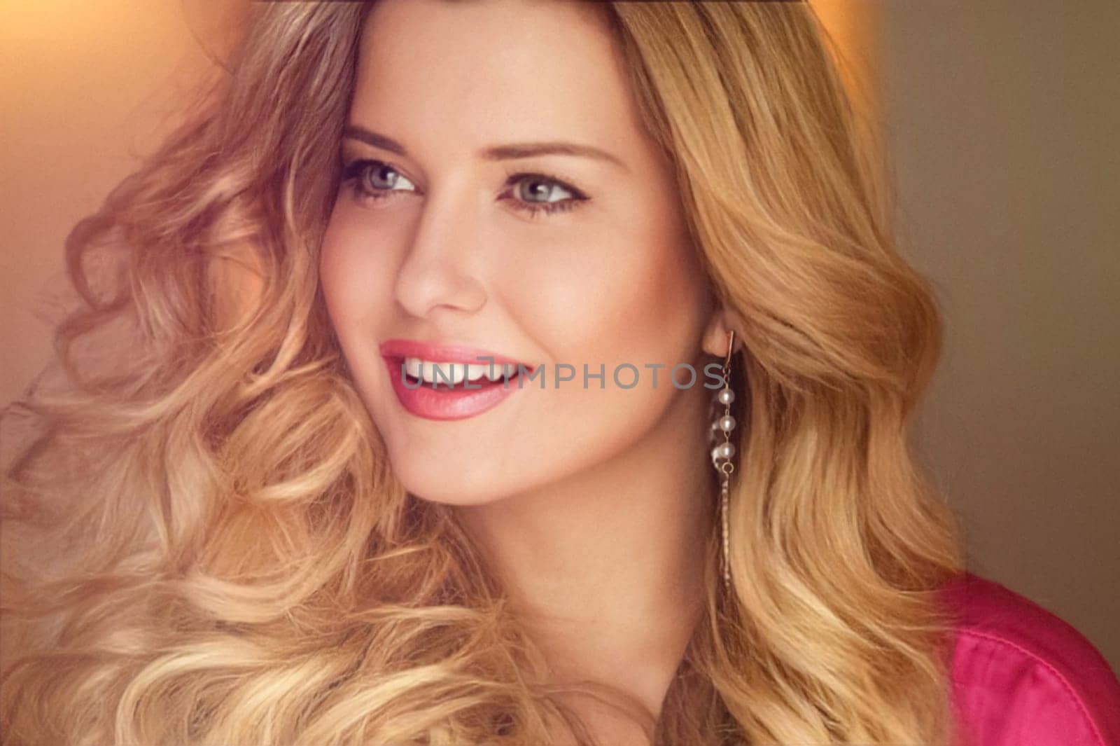 Woman with blue eyes and long, voluminous blonde hair styled in soft curls, wearing pink dress and elegant earrings, dreamy and feminine look idea