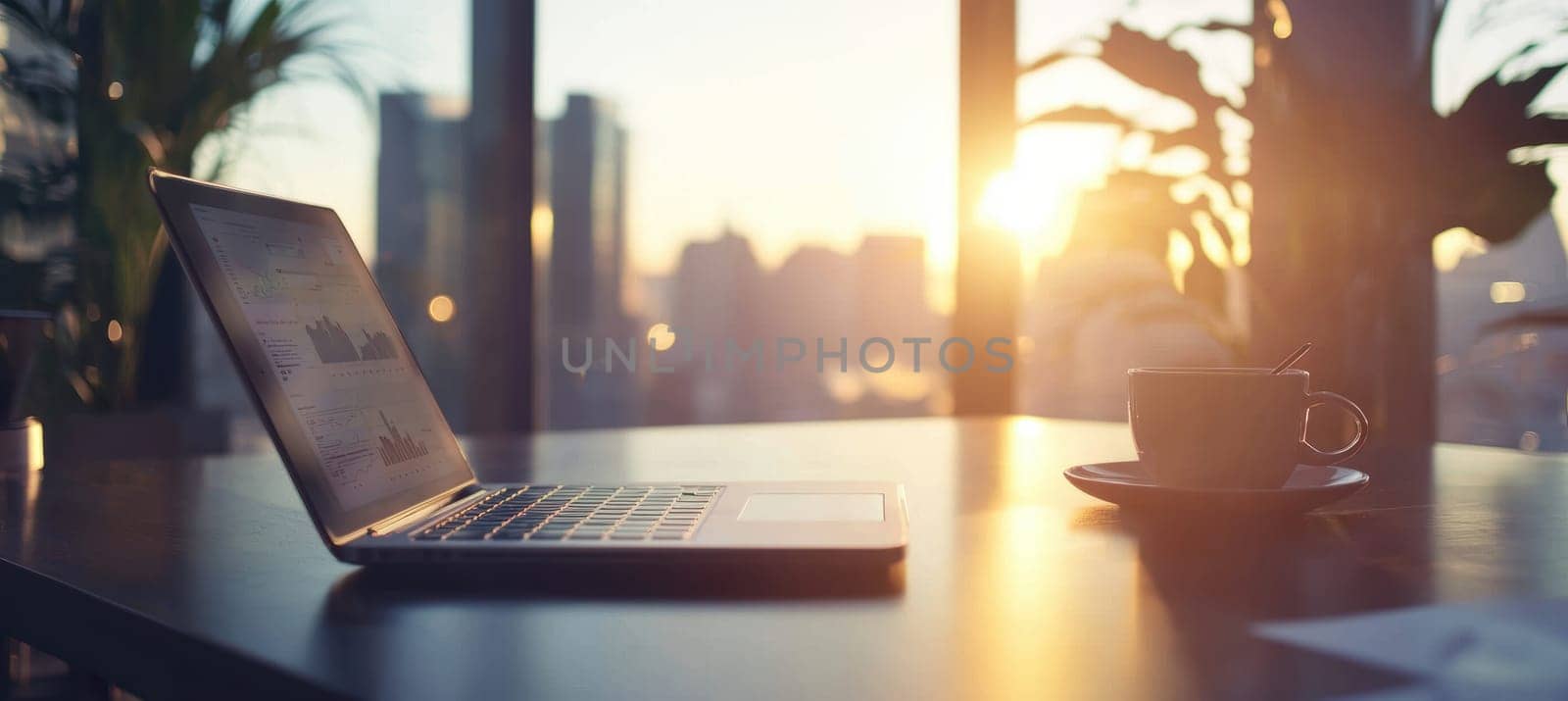 Business analyst focuses on chart analysis using a laptop at a spacious desk. a cup of coffee complements the scene, which is illuminated by modern office lighting and large windows showcasing a sunset view. ideal for business-related content.