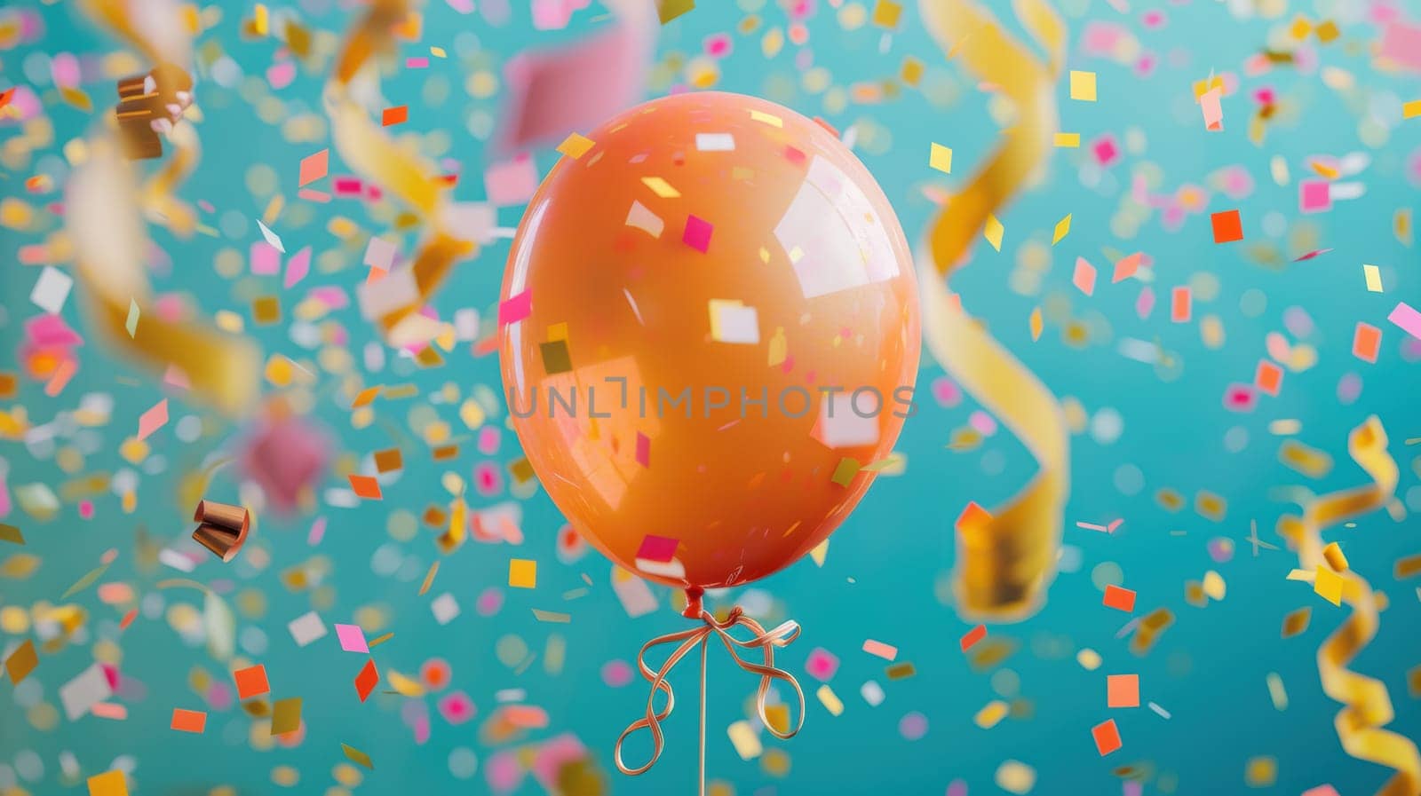 A vibrant orange balloon resembling a speech bubble floats amidst colorful streamers and confetti against a bright blue background. ideal for festive promotions, party invitations, or any joyful celebration-themed design projects.