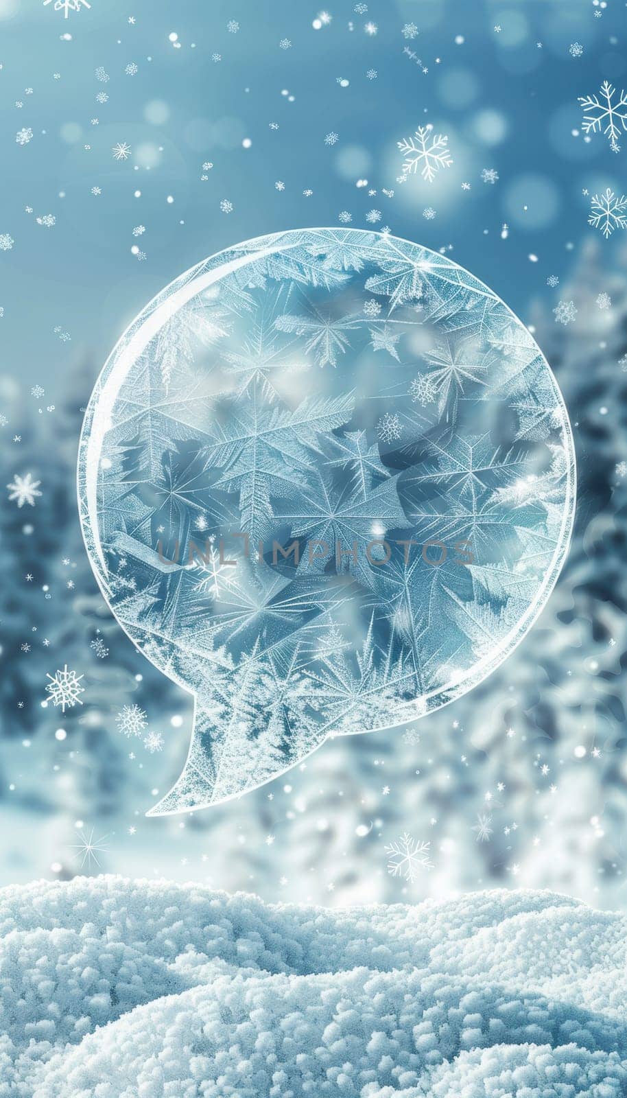 Frosty speech bubble rendered in 3d, adorned with icy patterns and snowflakes, set against a wintery backdrop. ideal for seasonal designs, greeting cards, and holiday-themed visuals, evoking a chilly, festive atmosphere.