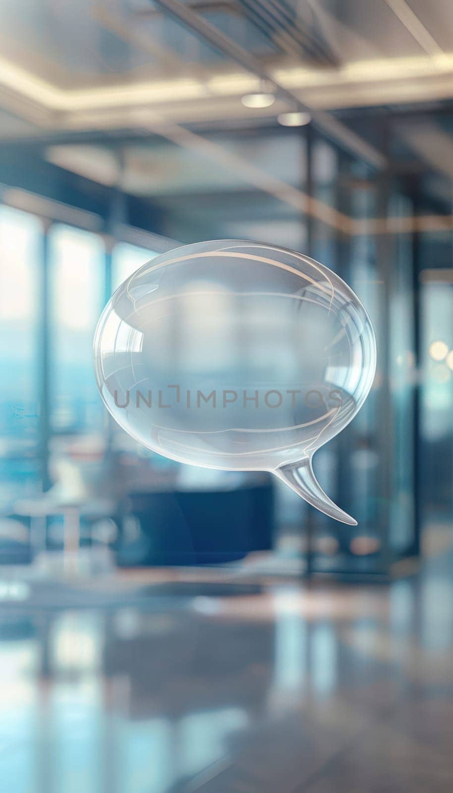 Frosted glass 3d speech bubble floating in a modern, blurred office environment, offering a sophisticated and futuristic visual ideal for corporate branding and communication design concepts. perfect for presentations, posters, and marketing materials.