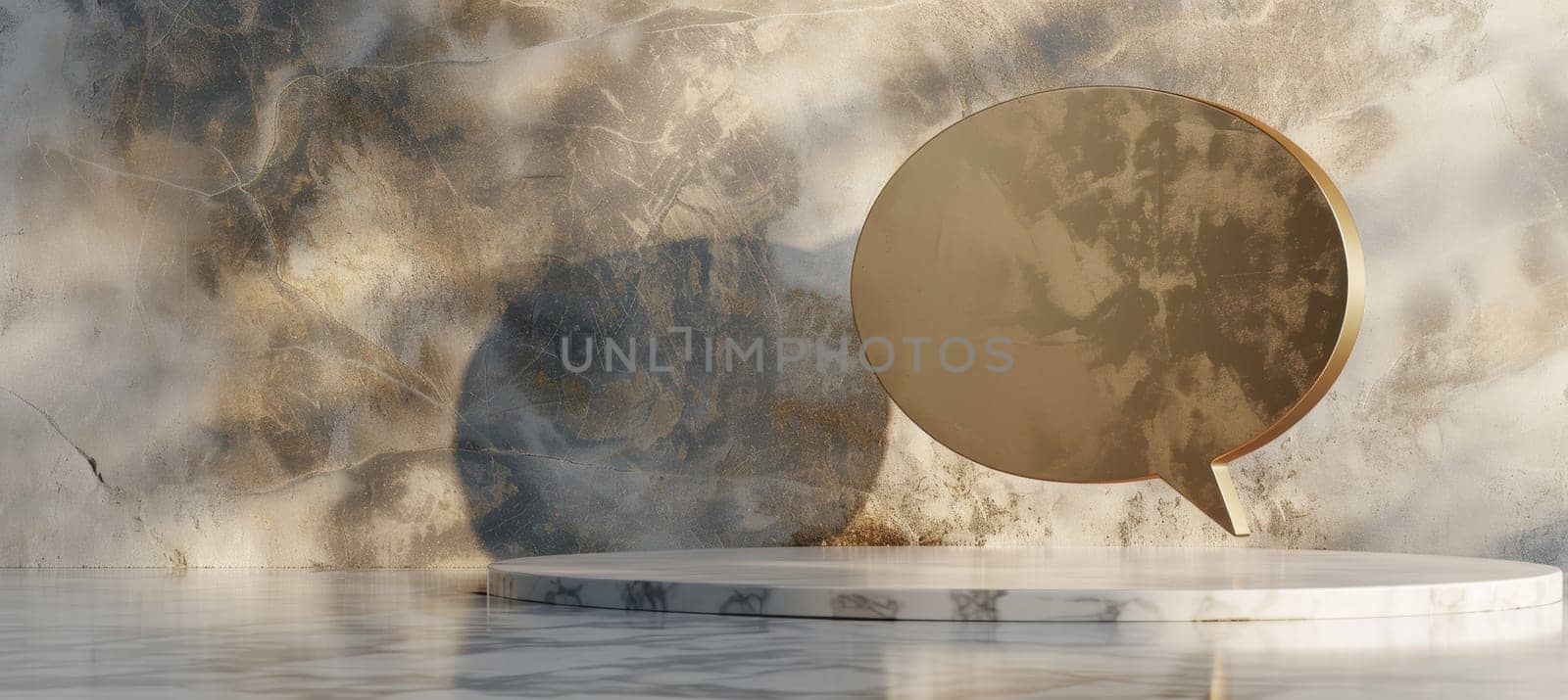 A luxurious 3d rendered golden speech bubble elegantly positioned on a polished marble surface, illuminated by soft ambient lighting. ideal for premium advertising campaigns, offering a sophisticated aesthetic for marketing materials.