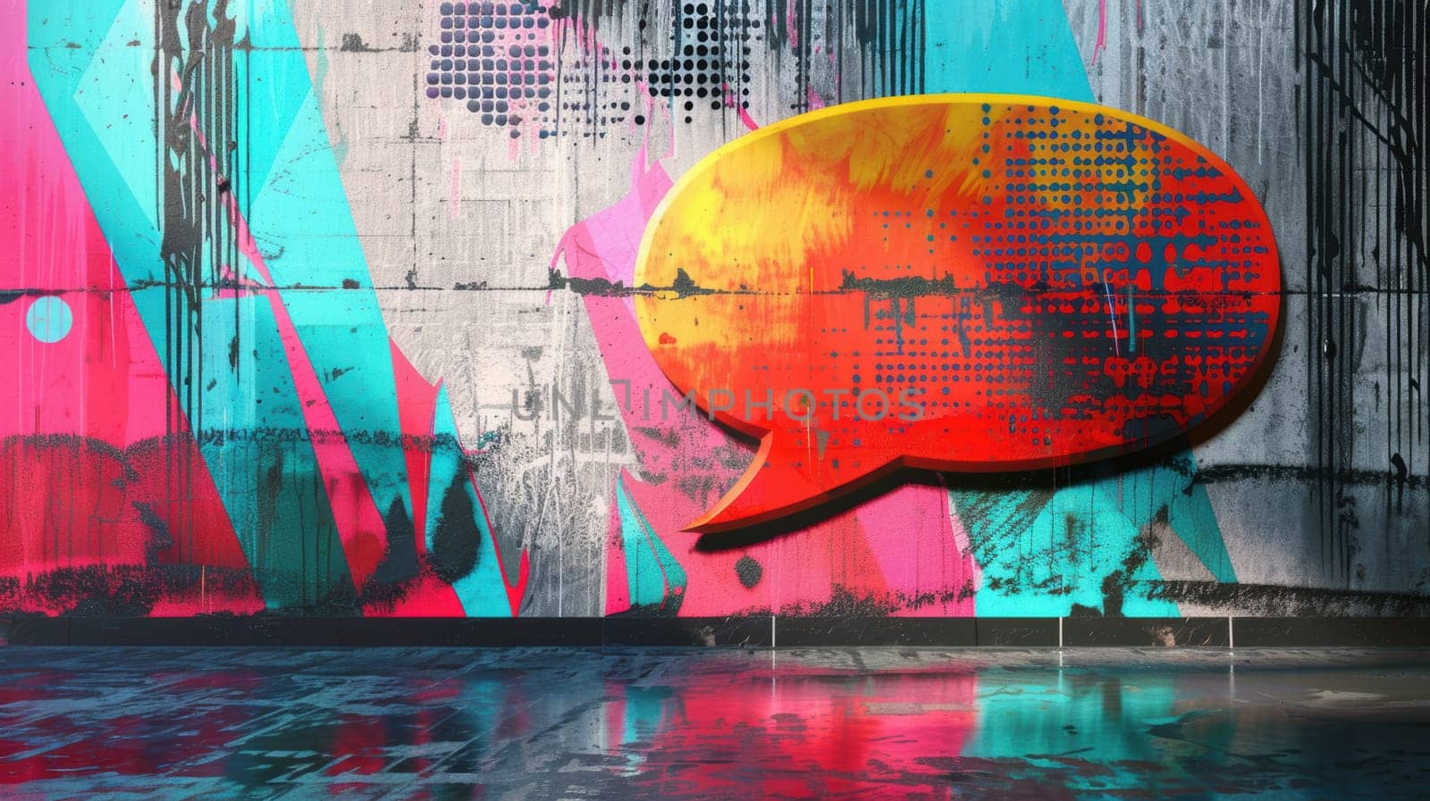 Vibrant speech bubble with angular graffiti patterns, neon colors, and a grungy urban wall backdrop. perfect for bold street-style design, creative posters, or modern art decor. captures urban culture and artistic expression.
