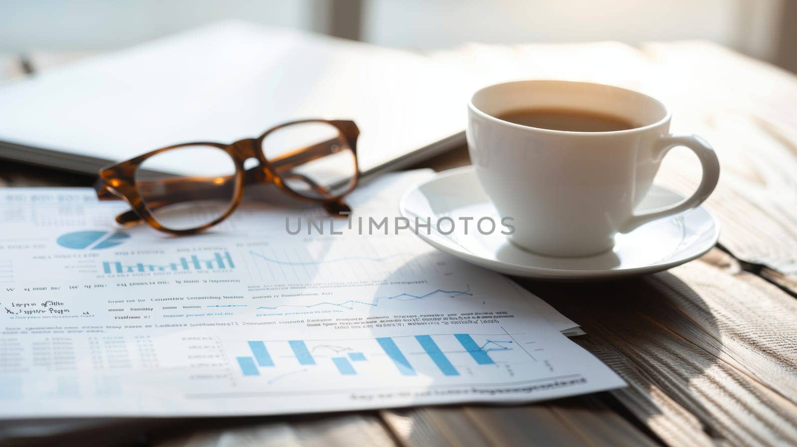 Detailed financial document featuring charts and graphs on a sleek desk, accompanied by glasses and a cup of coffee. sunlight from a nearby window creates a warm ambiance, ideal for business presentations and office environments.
