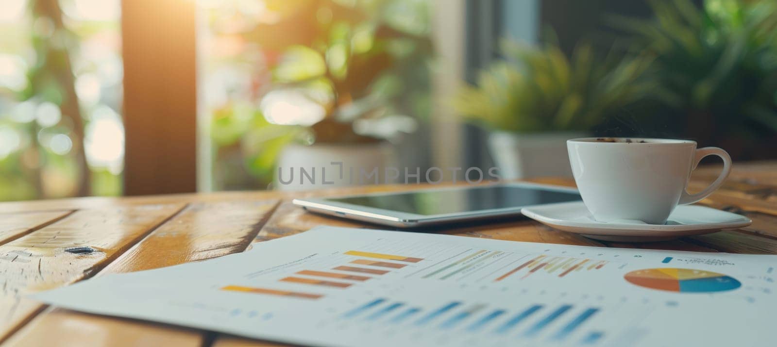 A financial document featuring bar graphs and a pie chart sits on a wooden desk beside a tablet and a cup of coffee. natural light from a nearby window enhances the workspace, creating an inviting atmosphere for business strategy and planning.