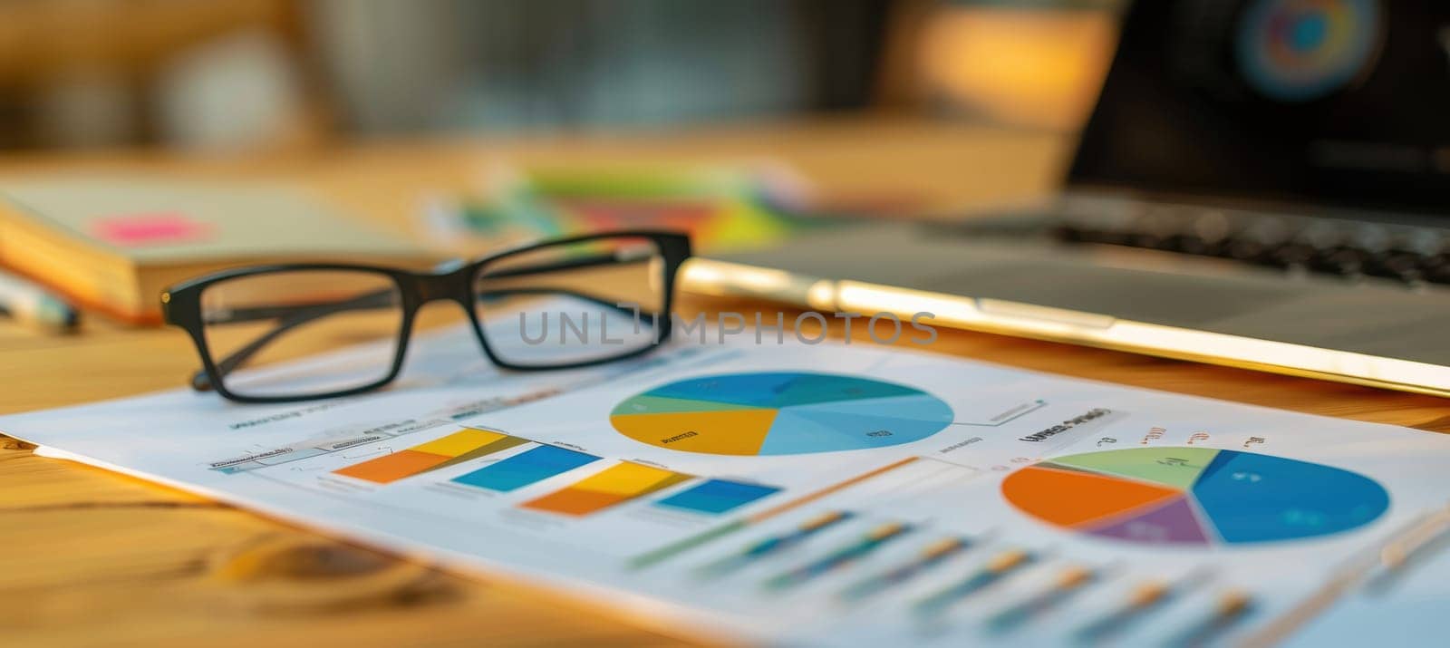 Close-up of a colorful financial report featuring pie charts and bar graphs placed on a wooden desk, accompanied by a laptop and eyeglasses. illuminated by natural light, this setup is ideal for strategic planning and analysis.