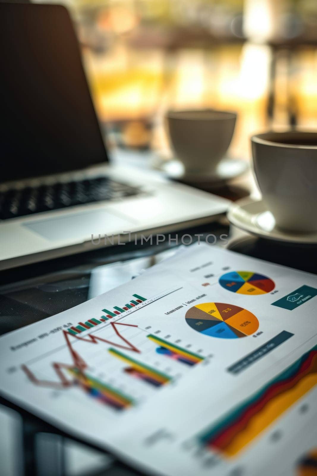 A vibrant financial document featuring colorful pie charts and bar graphs rests on a modern desk beside a sleek laptop and a steaming cup of coffee. the scene is illuminated by natural light, making it ideal for business-themed visuals.