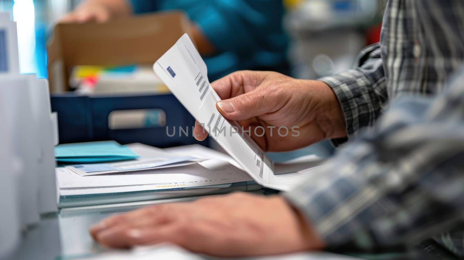 Hands carefully seal an absentee ballot envelope, surrounded by voting materials. the scene emphasizes the importance of precision and security in election procedures, the meticulous steps of preparing absentee ballots.
