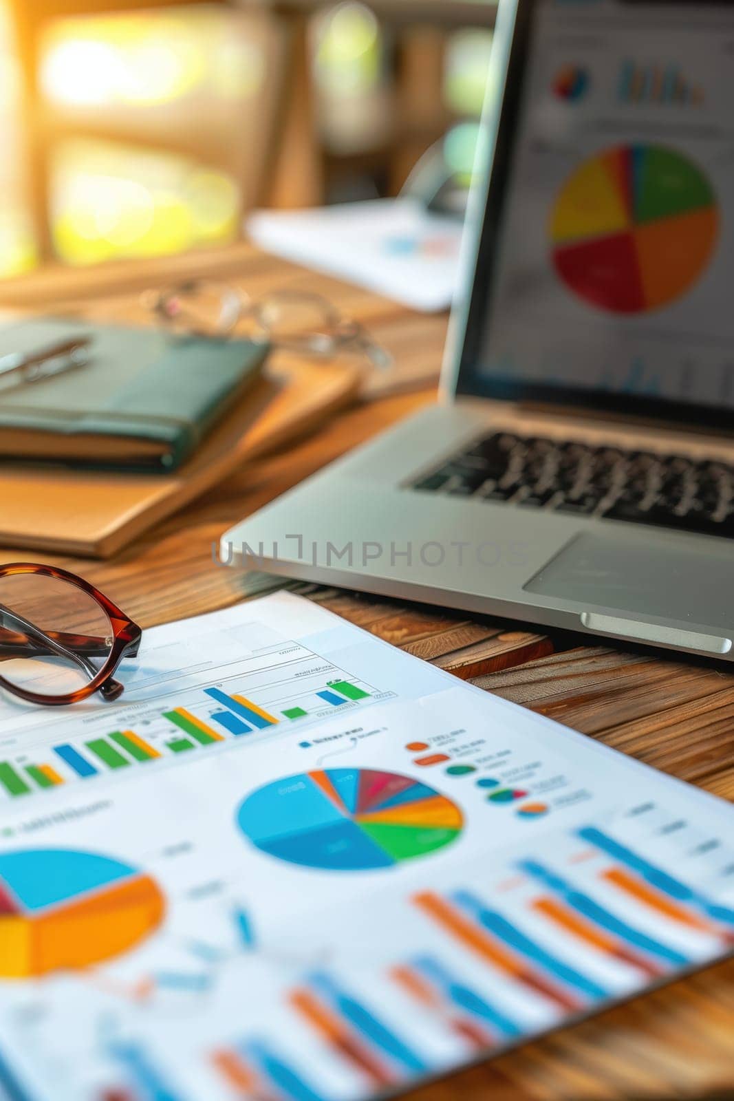 Financial documents featuring vibrant graphs and charts are displayed on a wooden desk, complemented by a laptop and glasses. the image is bathed in natural light, suggesting a productive business or financial analysis setting.
