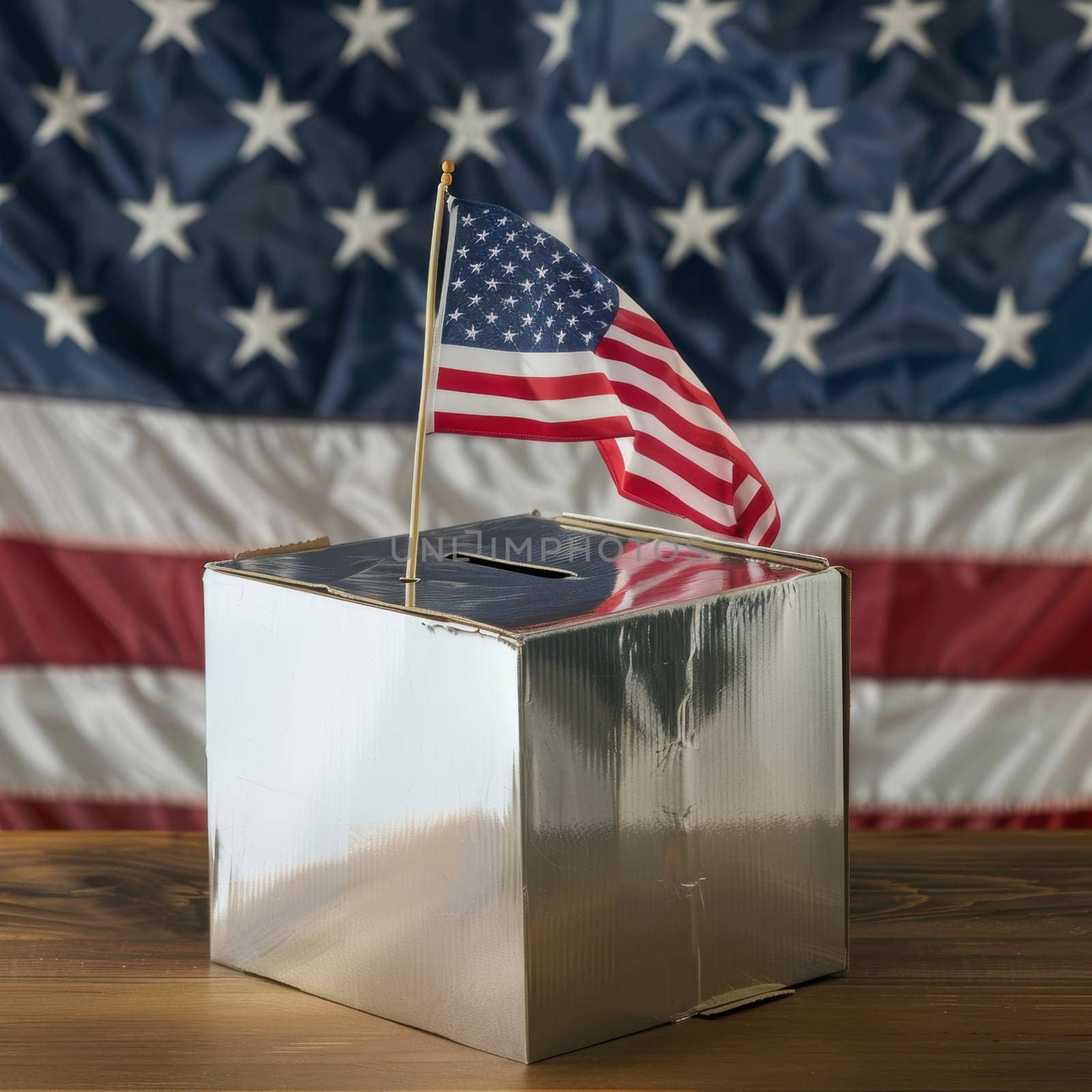 A young girl engages with the voting process, symbolizing early civic education. set in a classroom with american flags, the image highlights themes of democracy, patriotism, and the importance of voting rights.