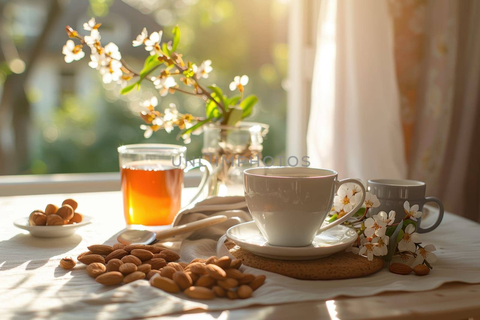 Breakfast scene showcasing foods that promote sleep, featuring almonds, honey, and a warm beverage. bright morning light illuminates daffodils and daisies on a rustic table, creating a serene ambiance and nutritious choices.
