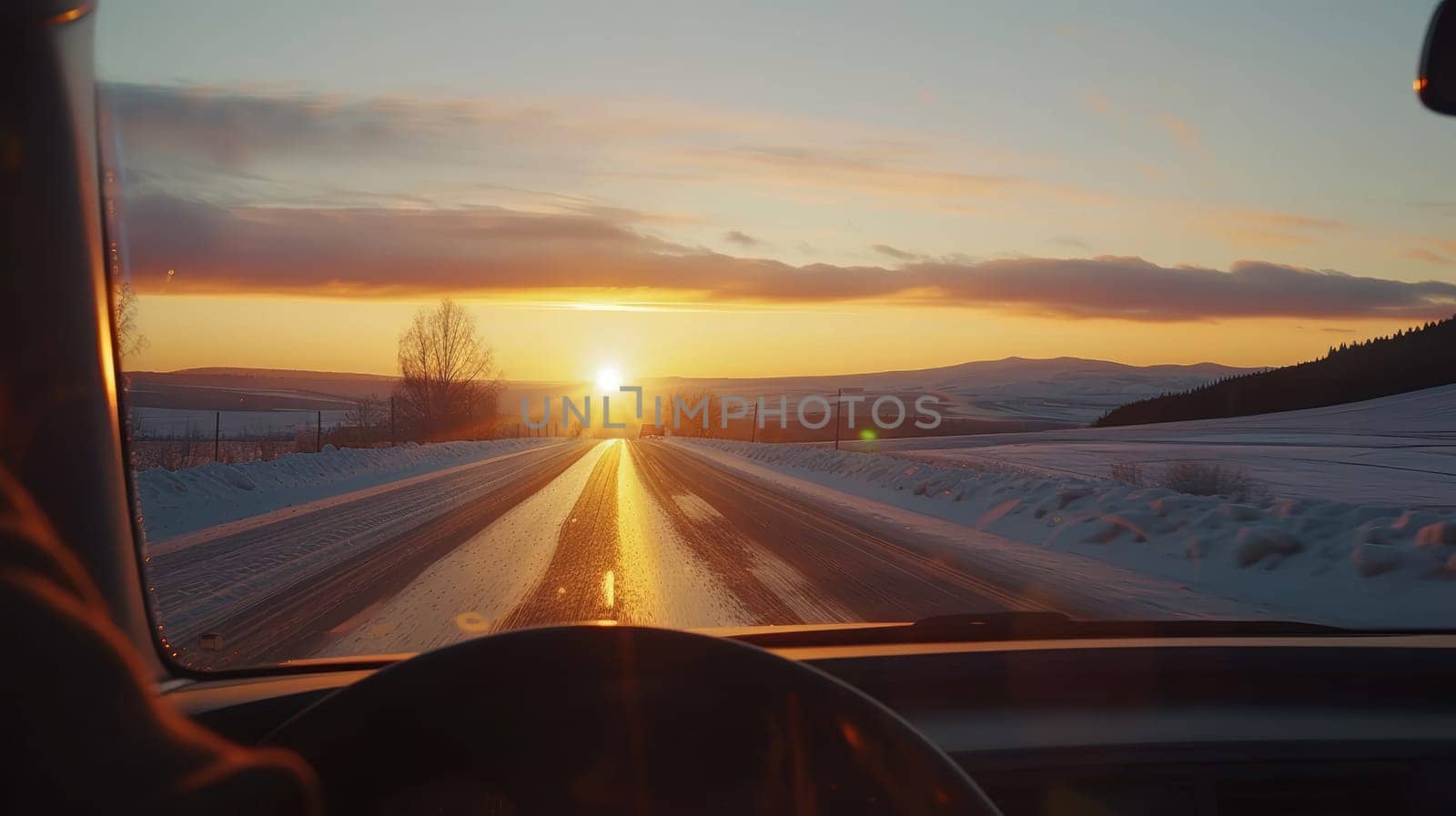 A driver navigates a long, empty road during the early morning hours, battling fatigue. the sun rises in the background, casting a warm glow over the landscape, symbolizing a new beginning and the spirit of adventure and solitude.