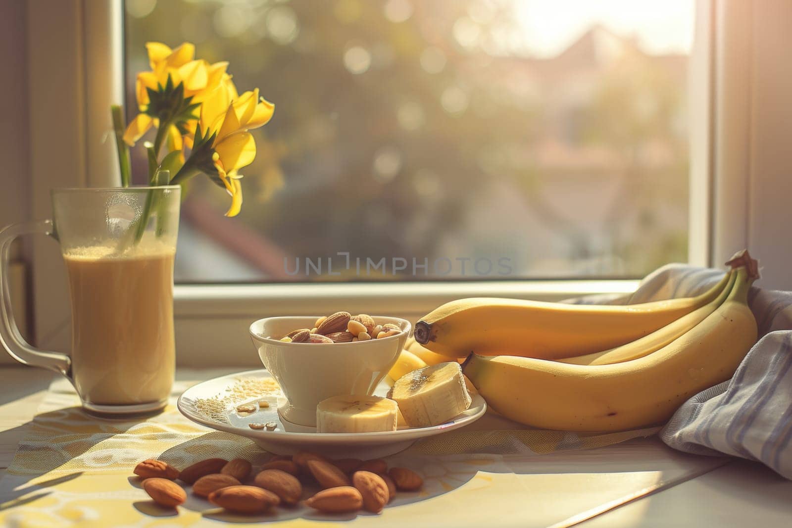 A serene breakfast scene showcasing sleep-promoting foods such as bananas and almonds, with a warm drink. sunlight filters through a window, illuminating magnolia flowers and creating a peaceful, calming atmosphere perfect for wellness.